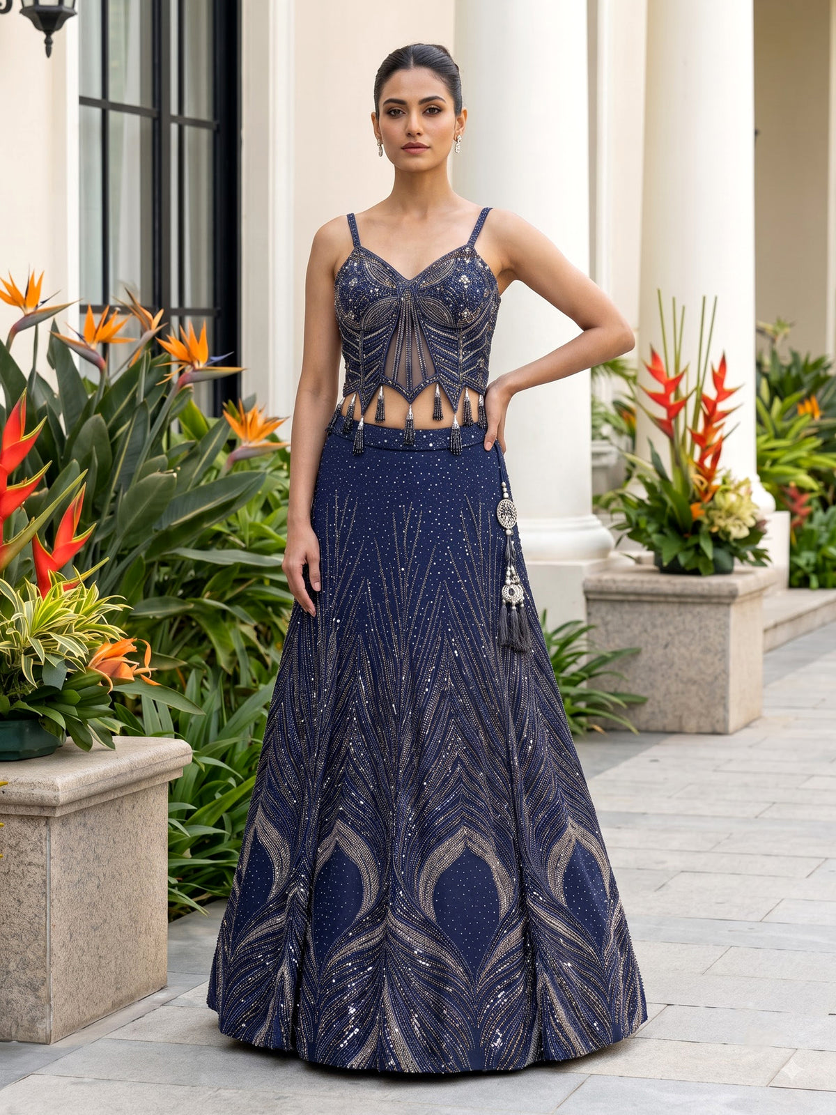 Navy blue art deco women lehenga choli