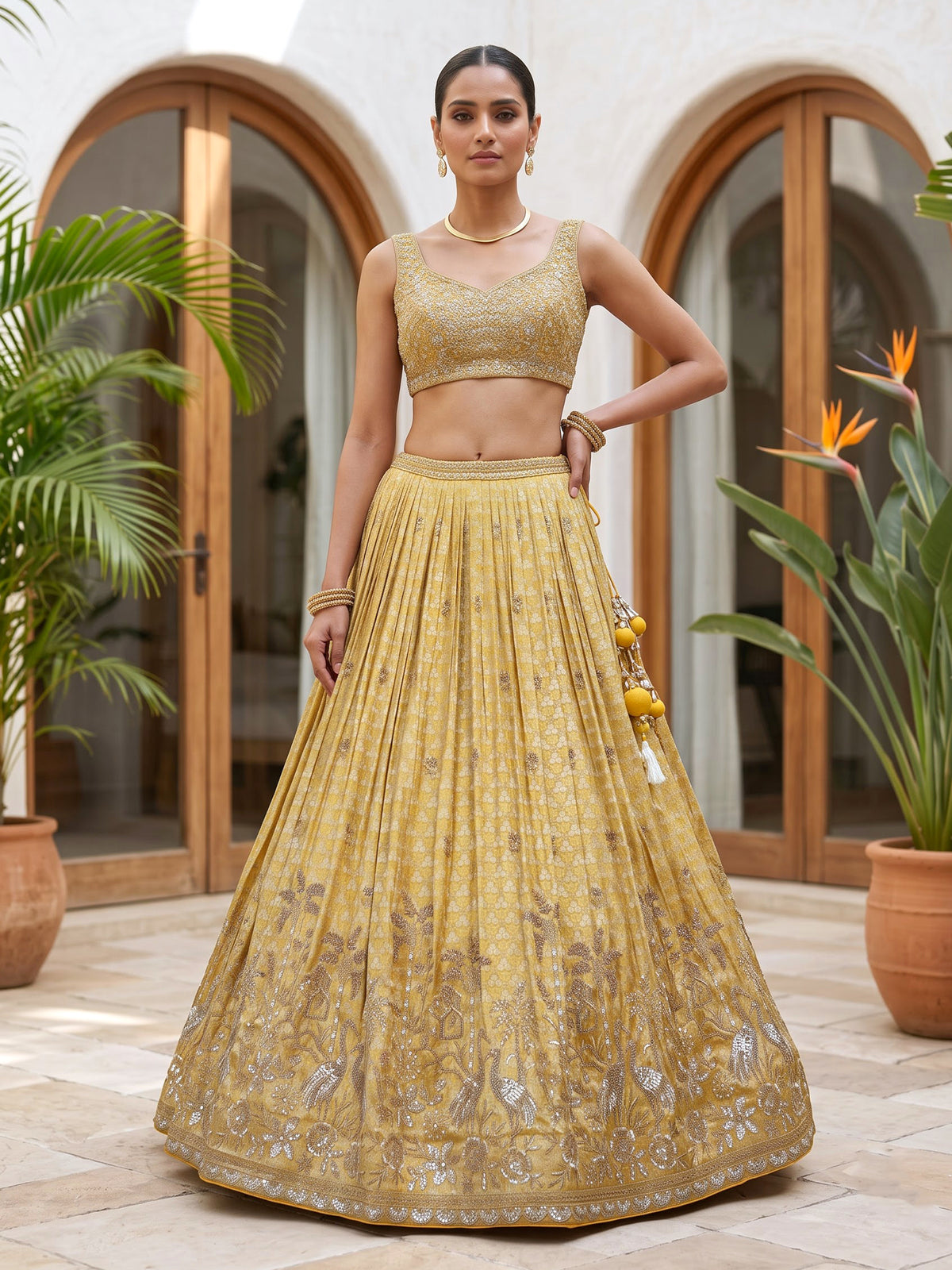 Mustard yellow heritage cartouche women lehenga choli
