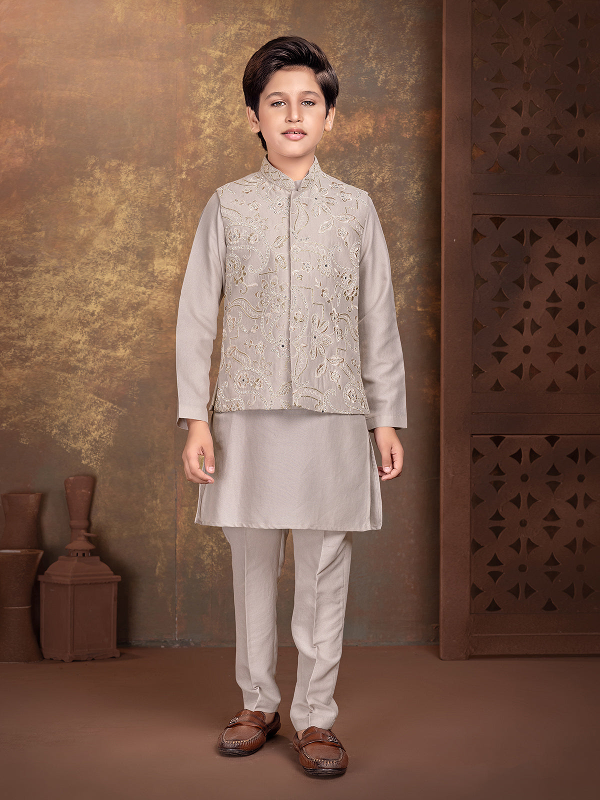 Grey floral relief boys waistcoat set