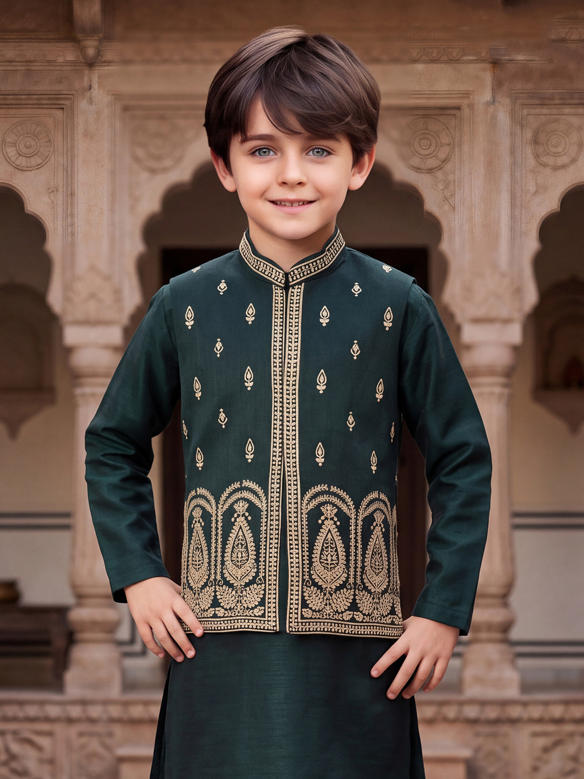 Bottle green mughal boys waistcoat set