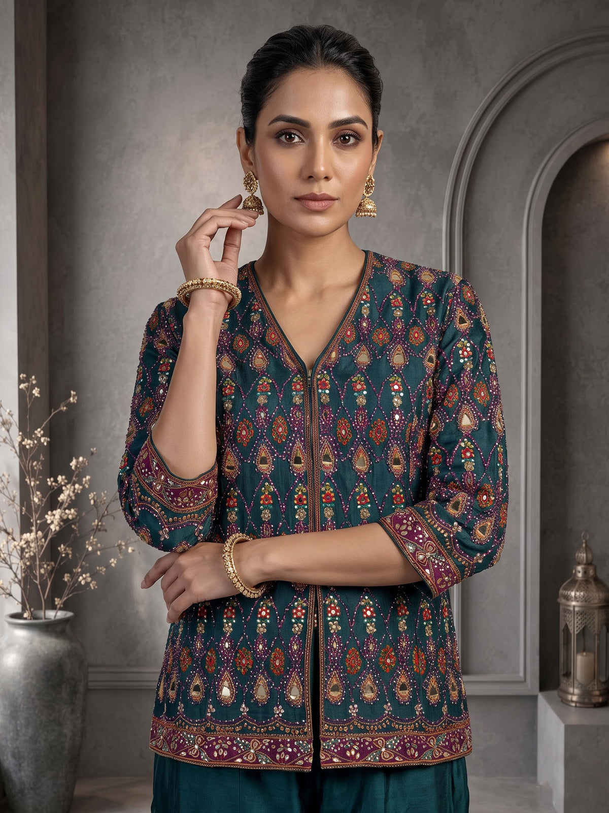 Green aabla embellished sharara suit