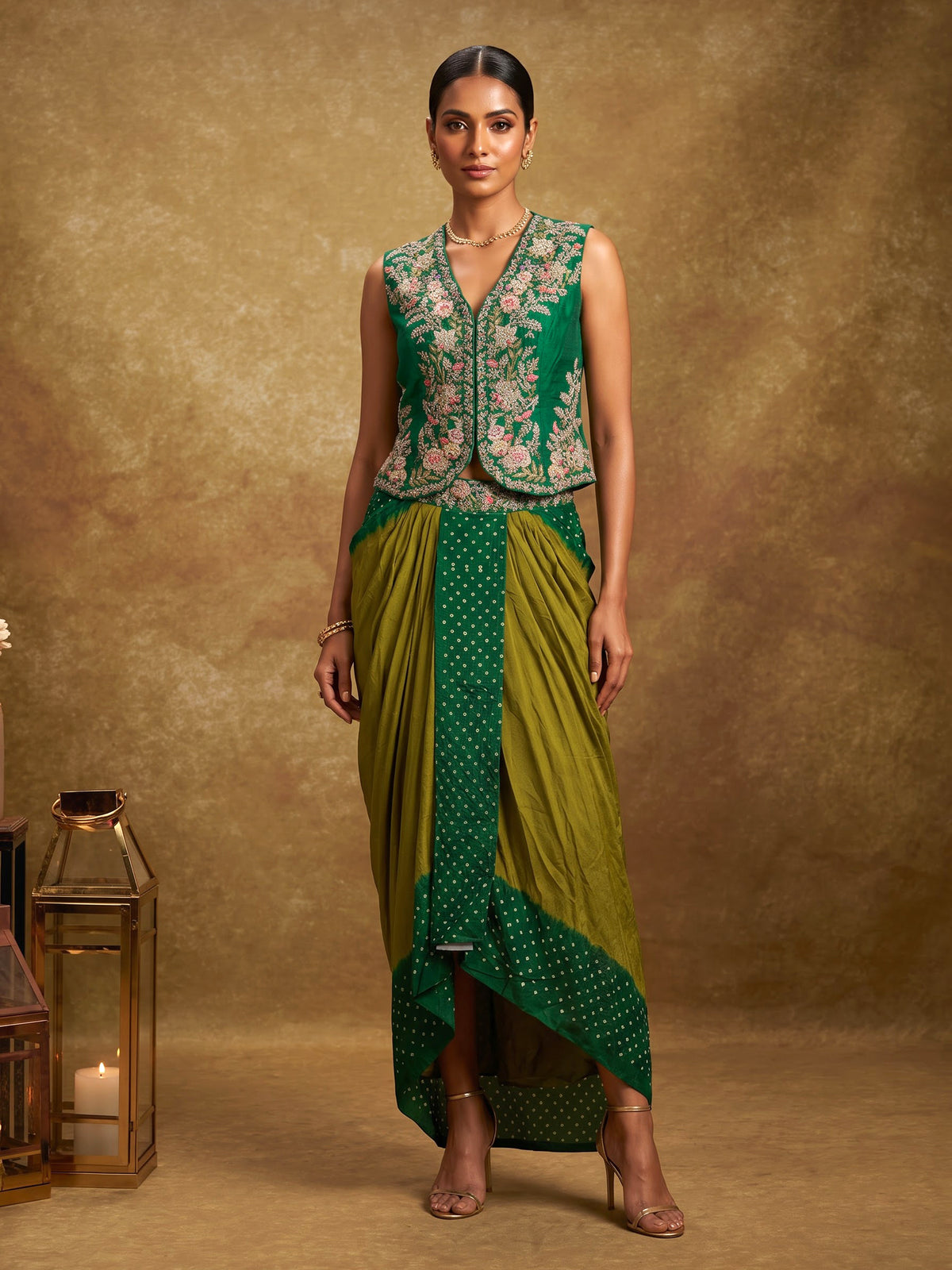 Mint green floral indowestern skirt suit