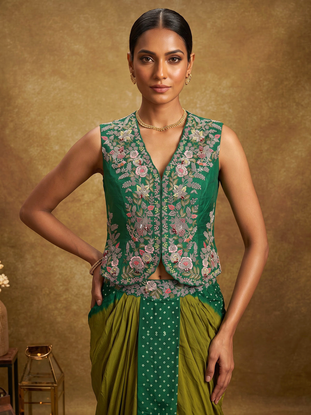 Mint green floral indowestern skirt suit