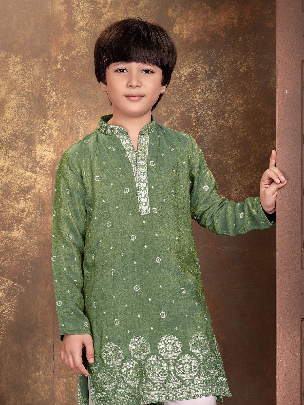 Green embellished boys kurta suit