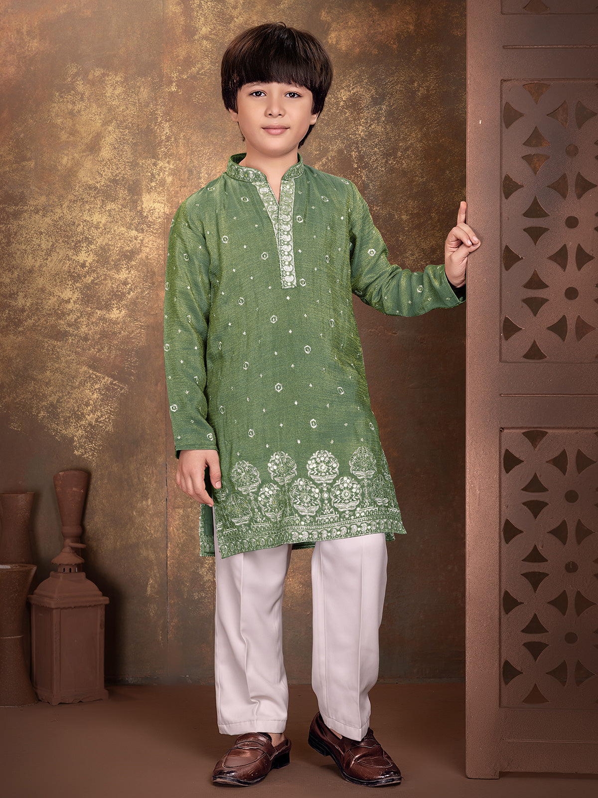 Green embellished boys kurta suit