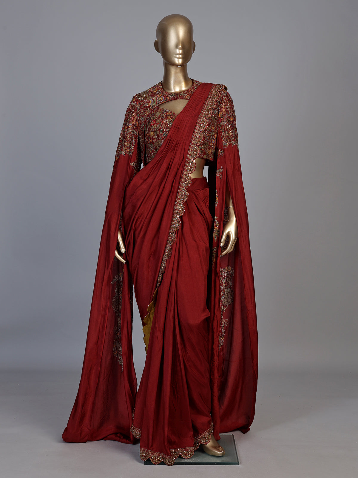 Maroon designer cape style ready to wear saree