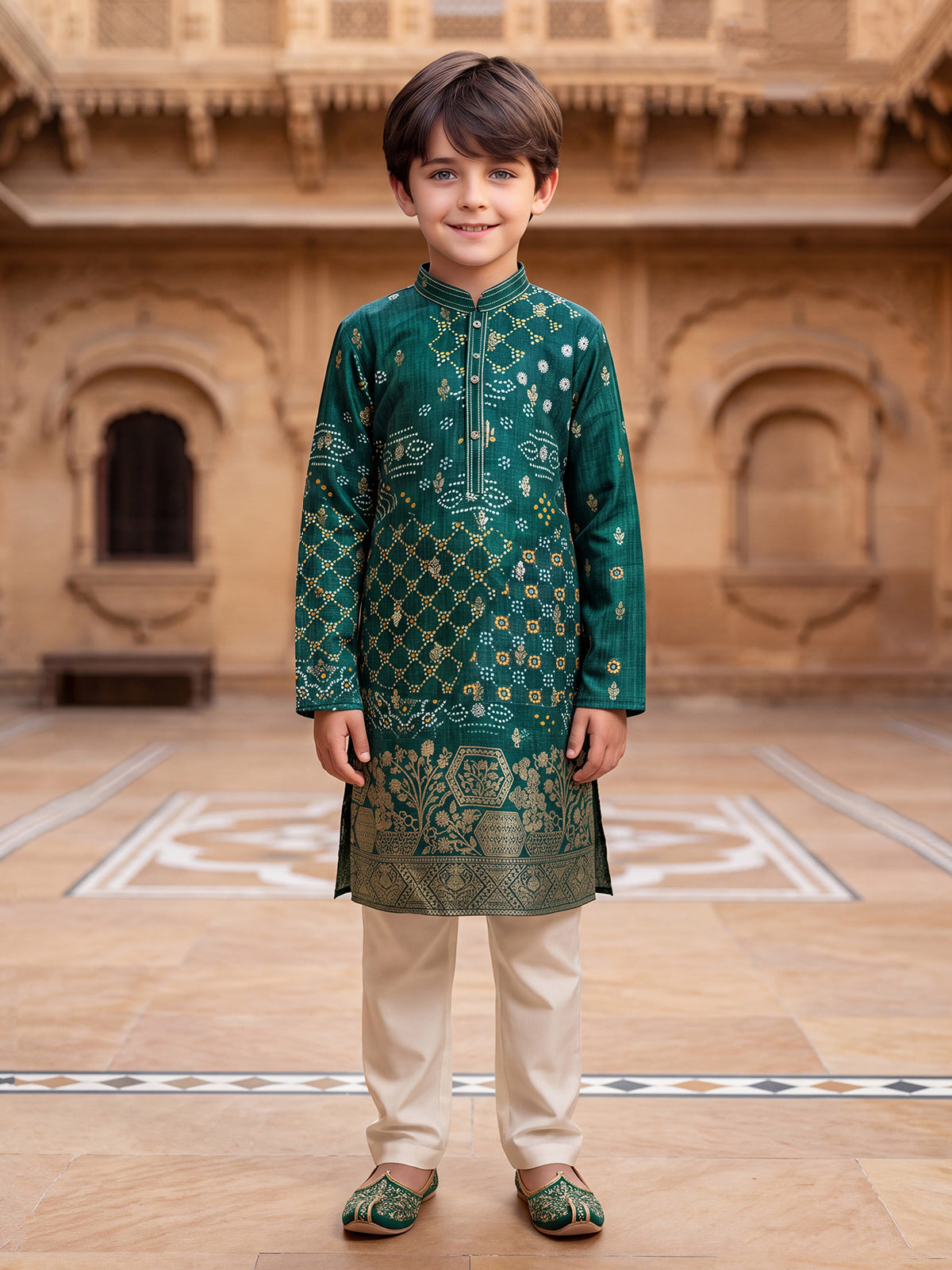 Mehendi green bandhani boys kurta suit