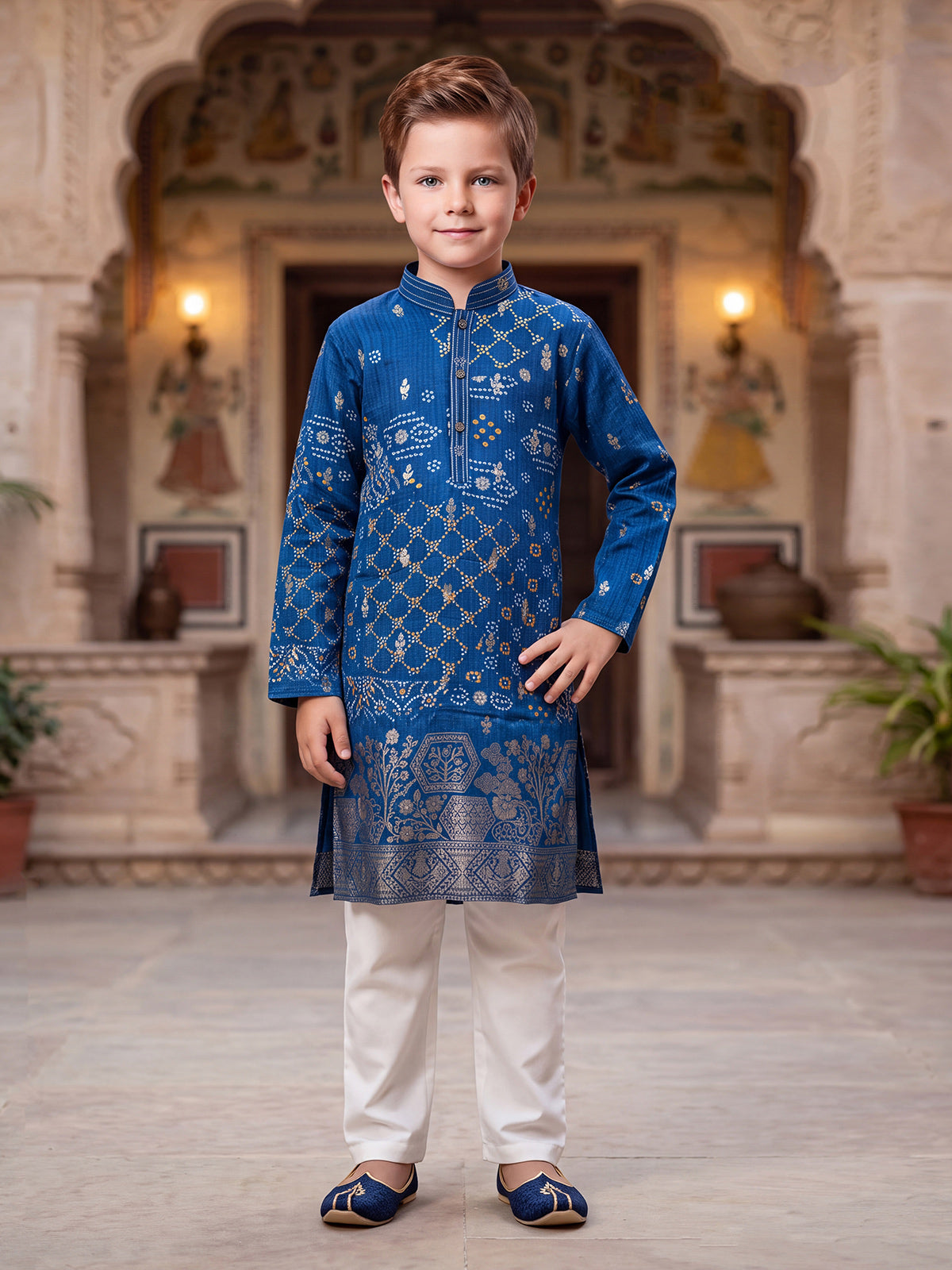 Blue bandhani print kurta suit for boys
