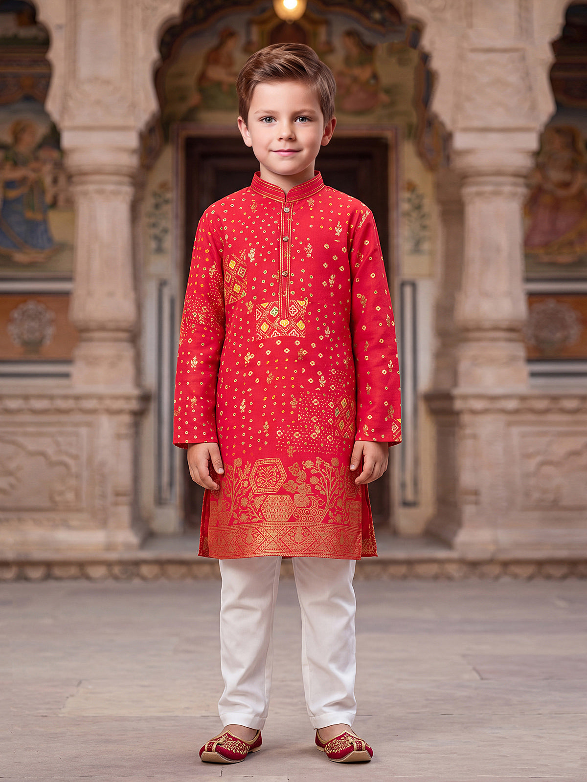 Red bandhani print boys kurta suit