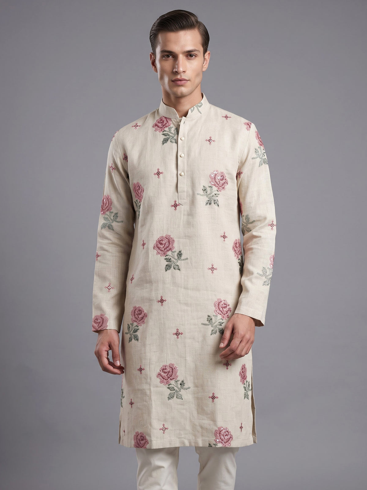 Cream cotton linen mens kurta