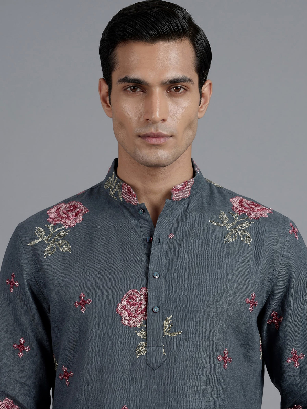 Stone blue cotton linen mens kurta