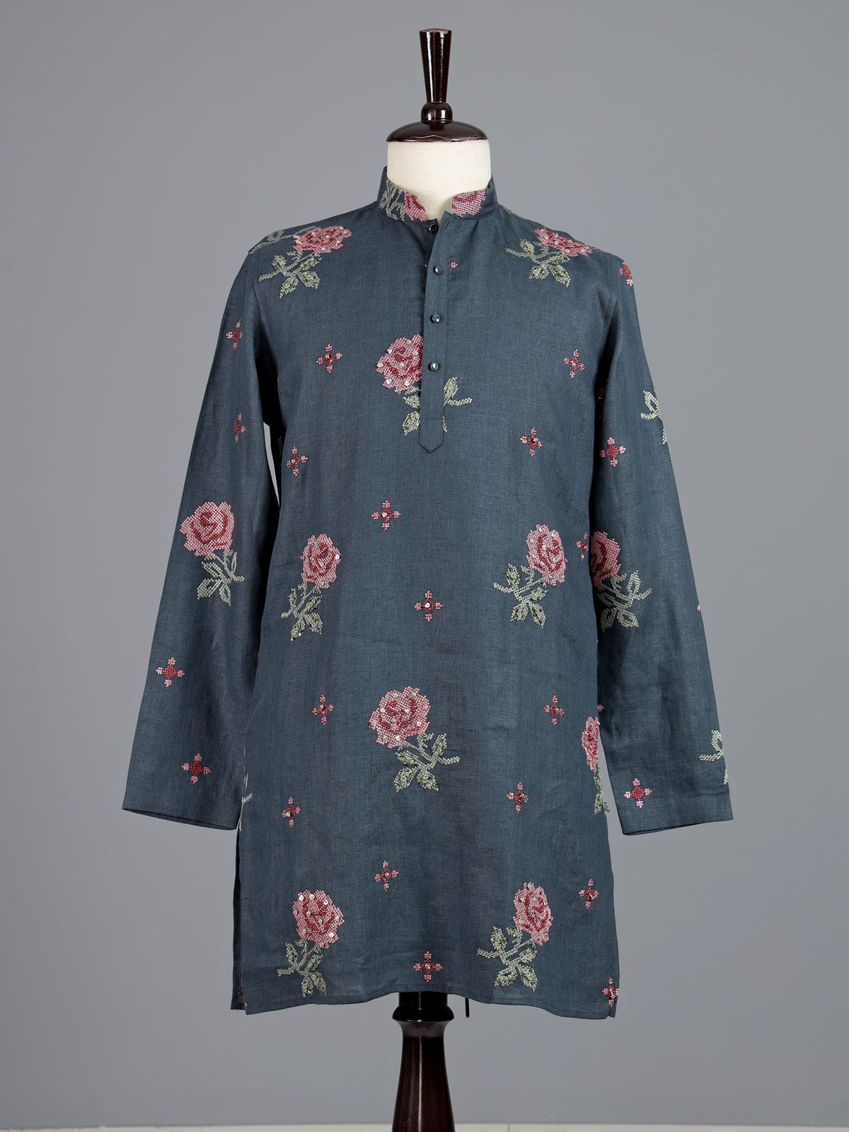 Stone blue cotton linen mens kurta