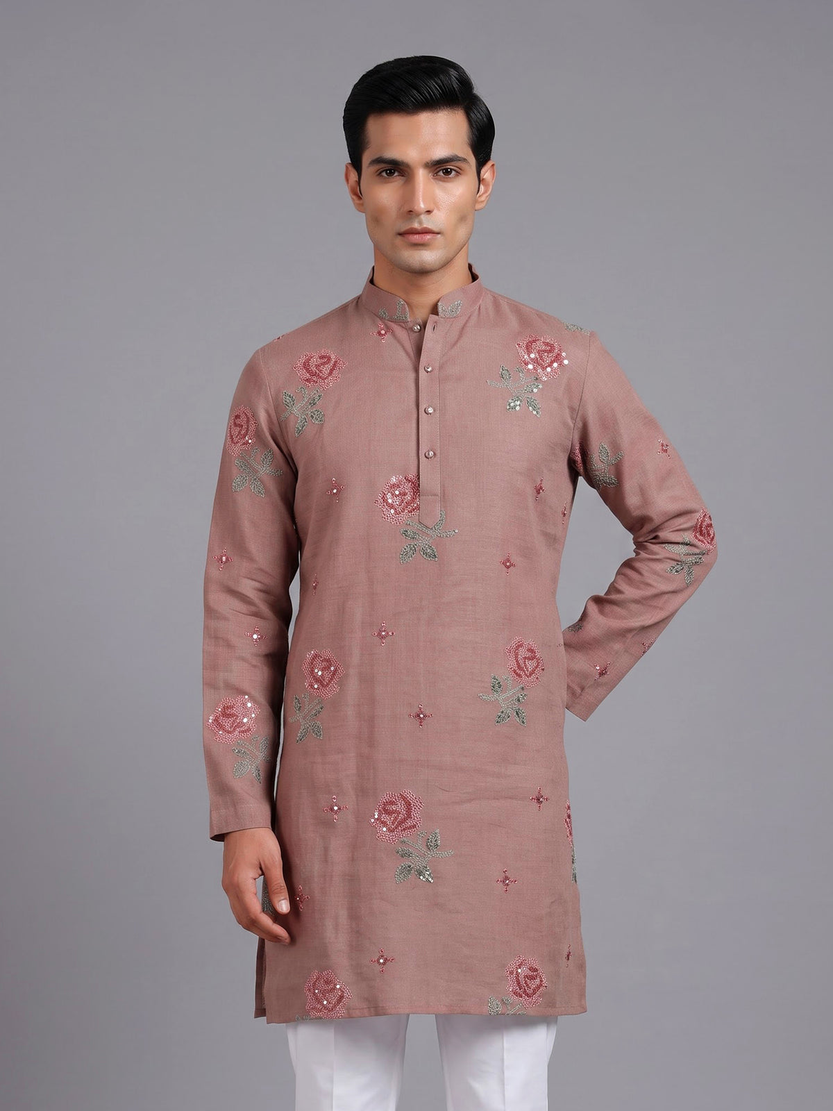 Onion pink cotton linen mens kurta
