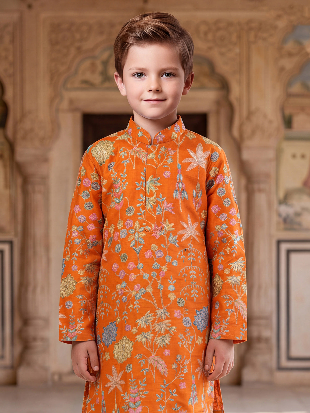 Orange botanical boys kurta suit