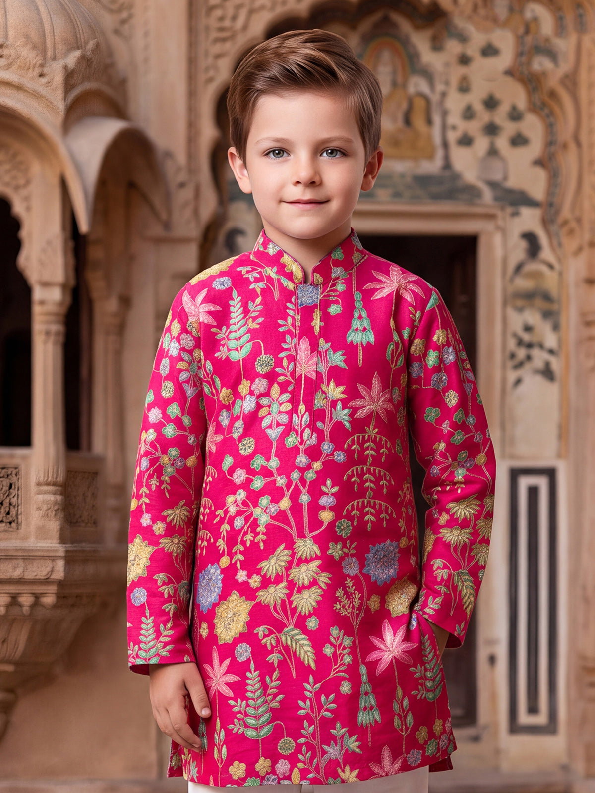 Magenta botanical boys kurta suit