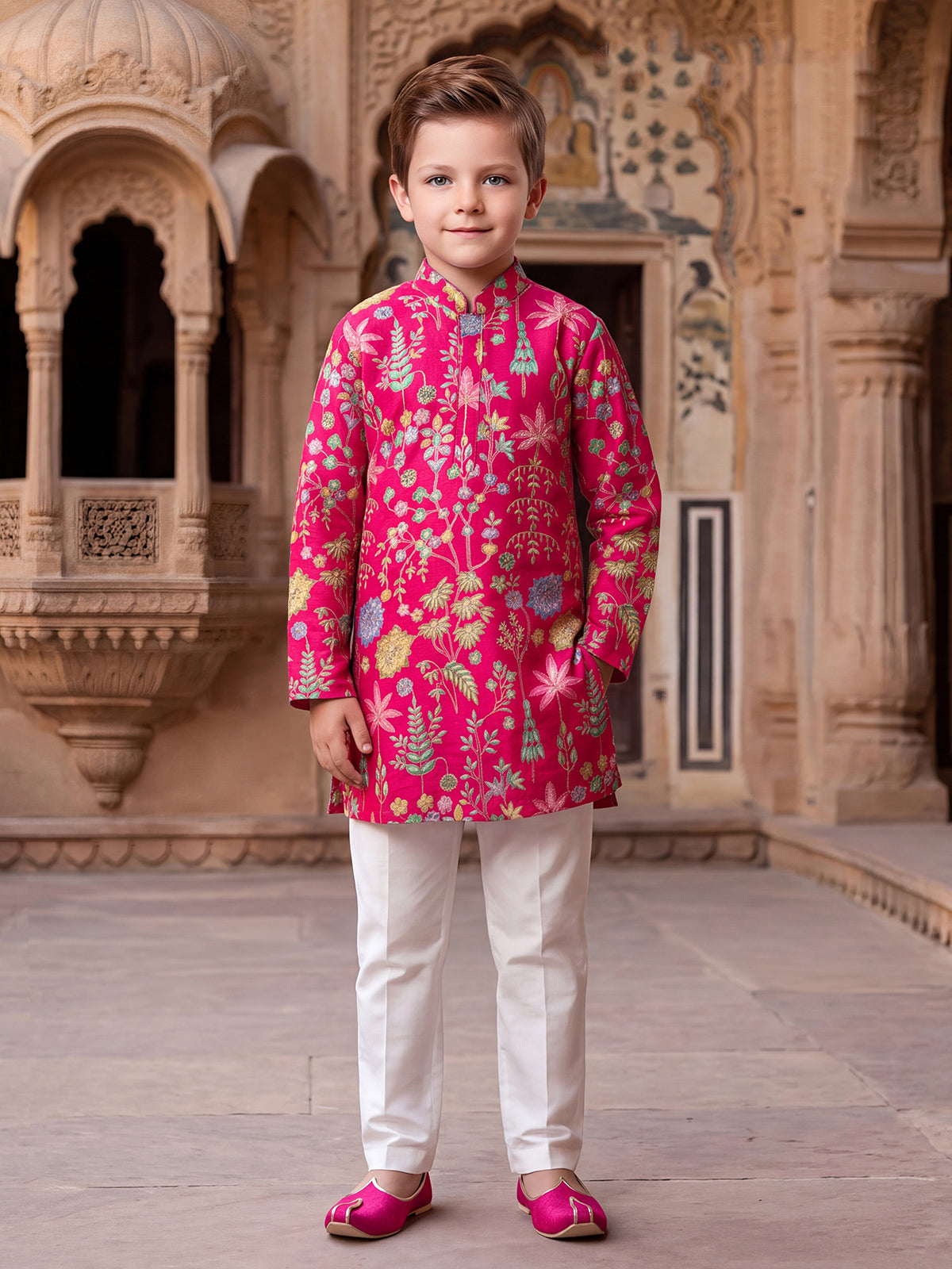 Magenta botanical boys kurta suit