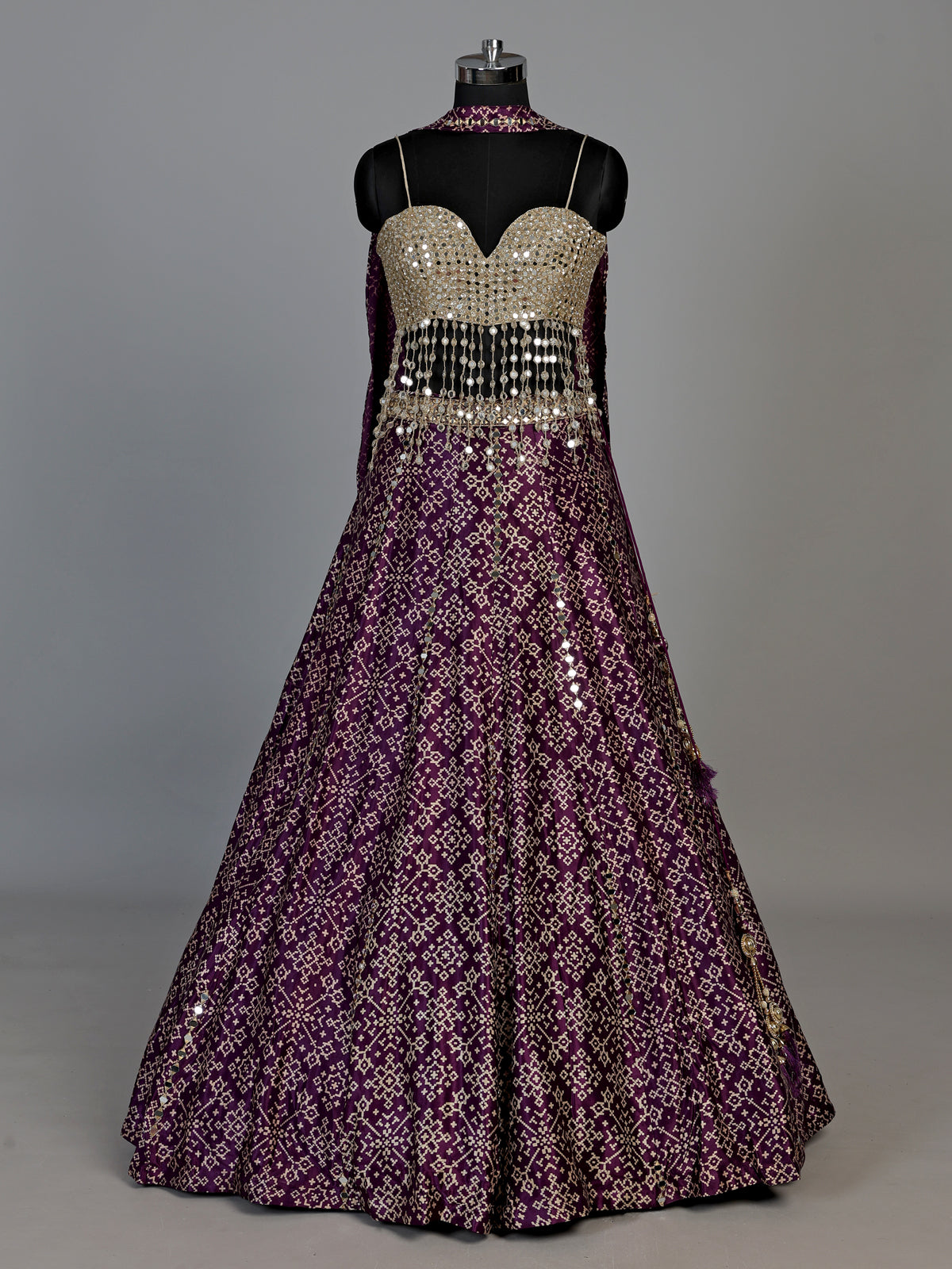 Purple bandhani mirror embellished women’s silk lehenga choli