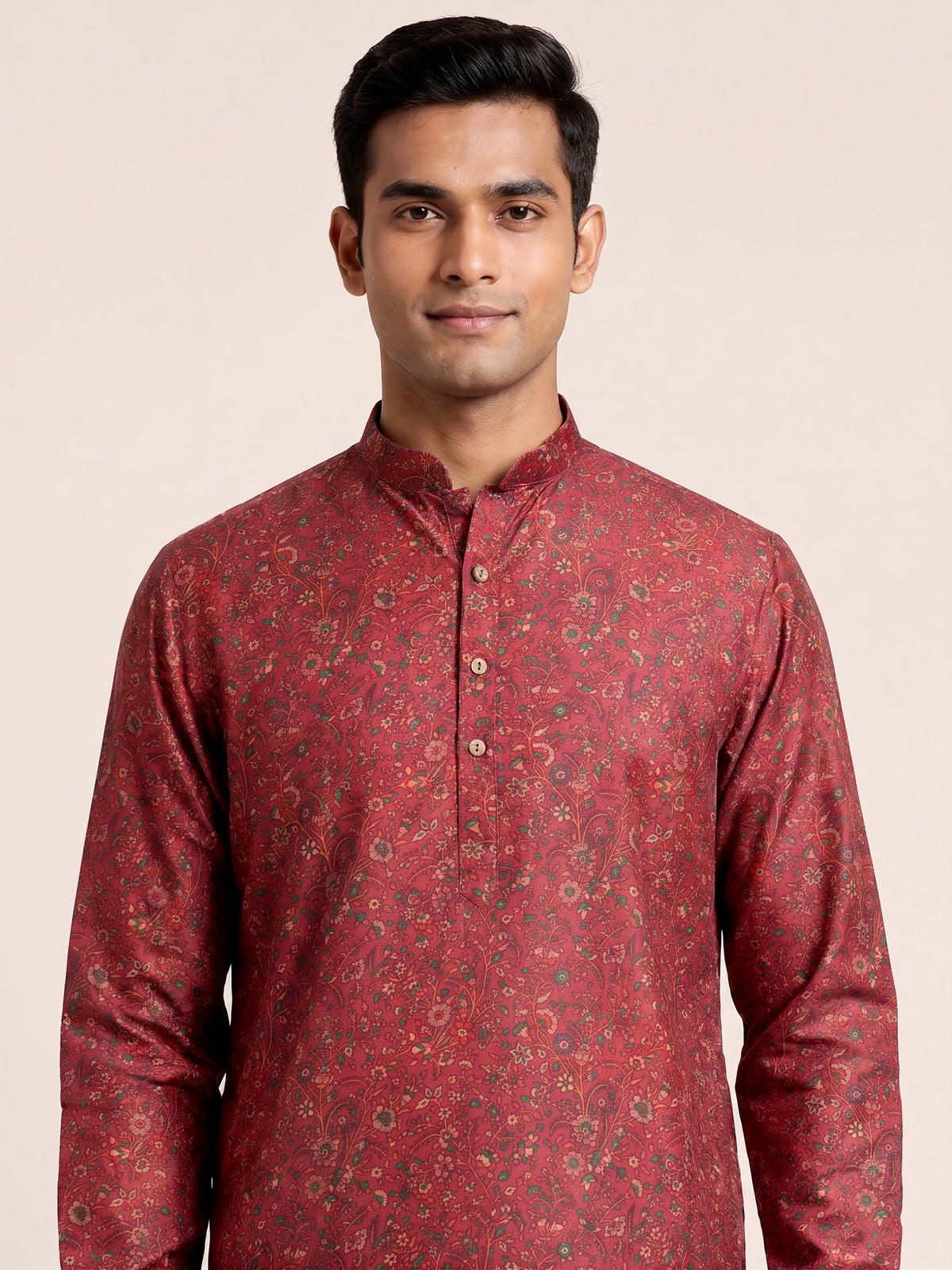 Maroon art silk printed mens kurta pajama