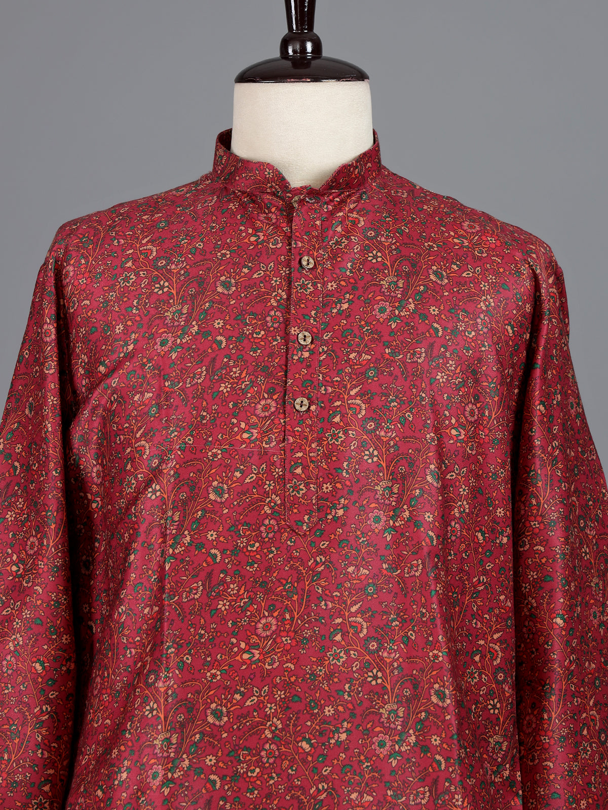Maroon art silk printed mens kurta pajama