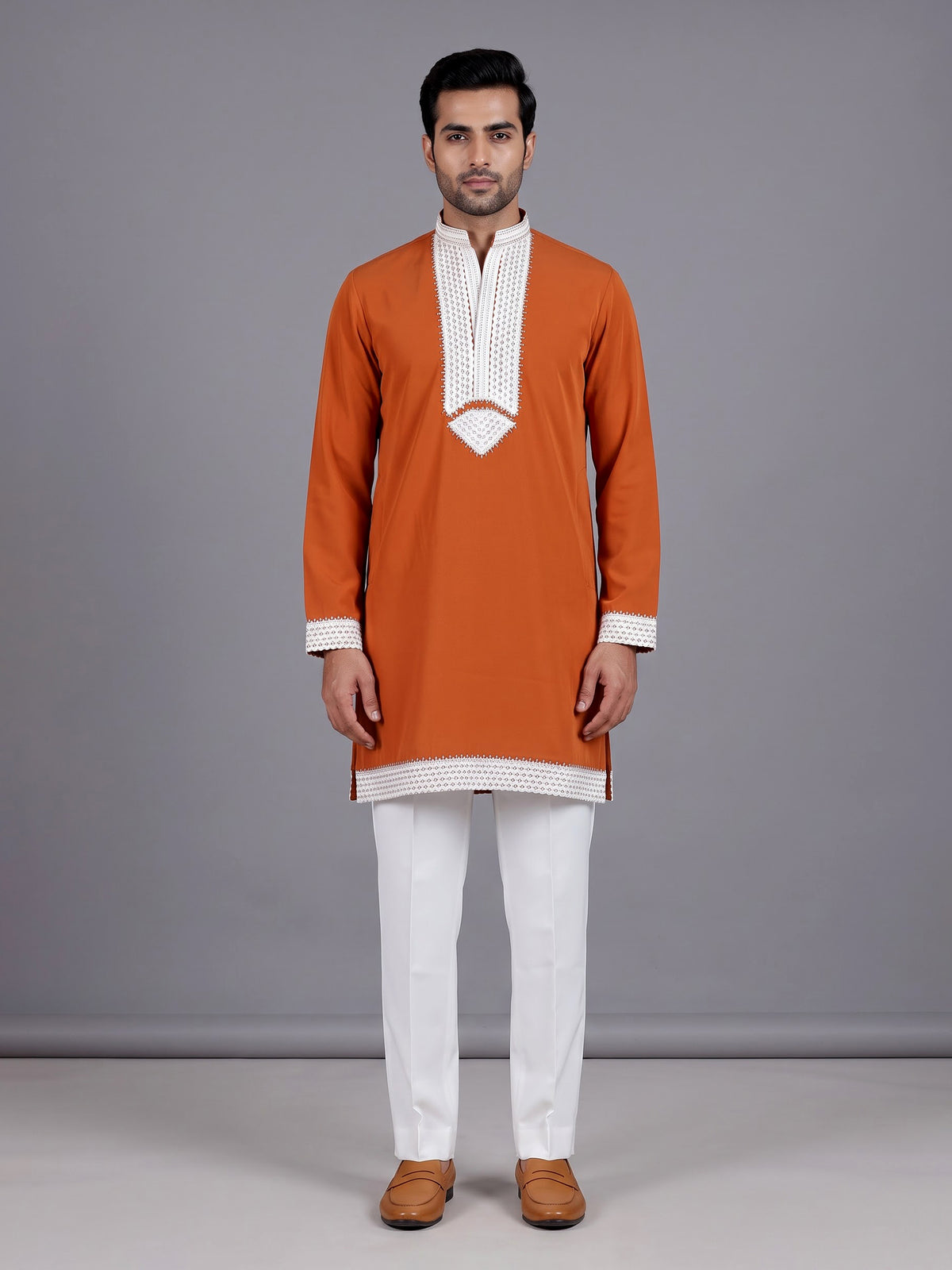 Rust orange polyester viscose mens kurta pajama