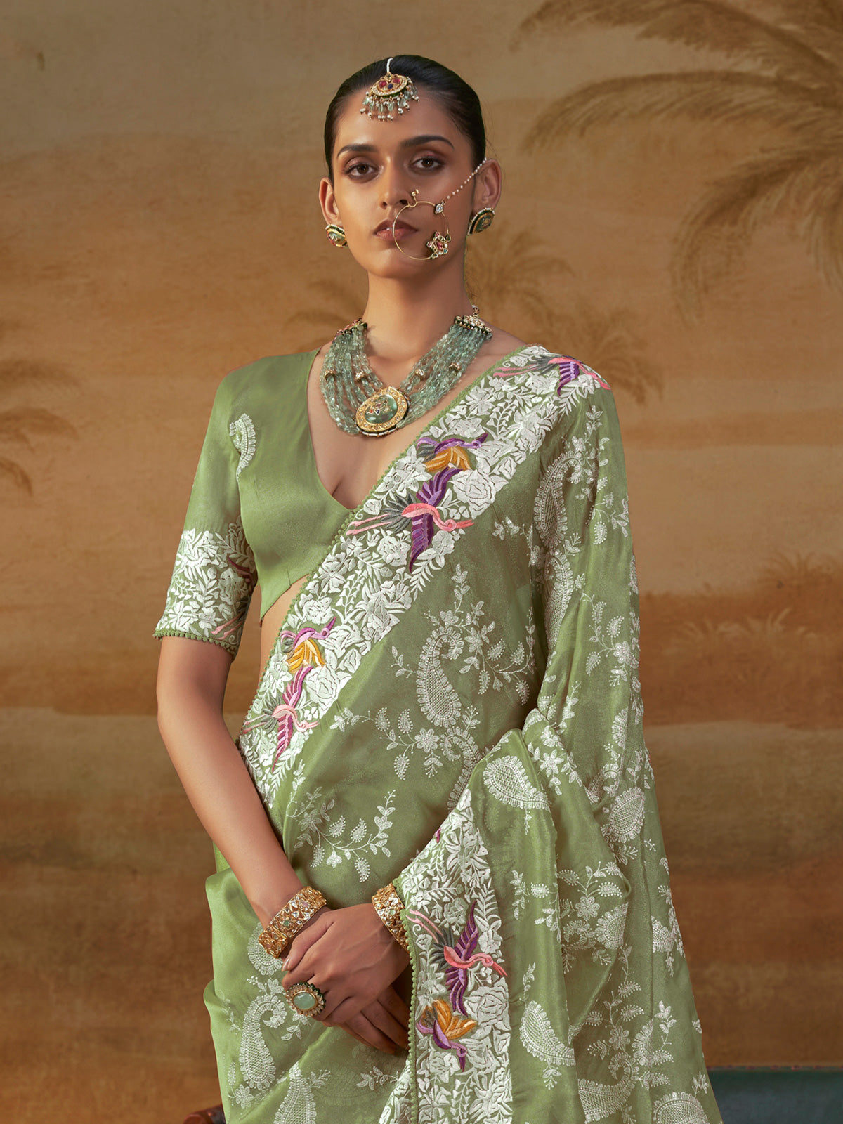 Sage green handloom silk womens floral saree