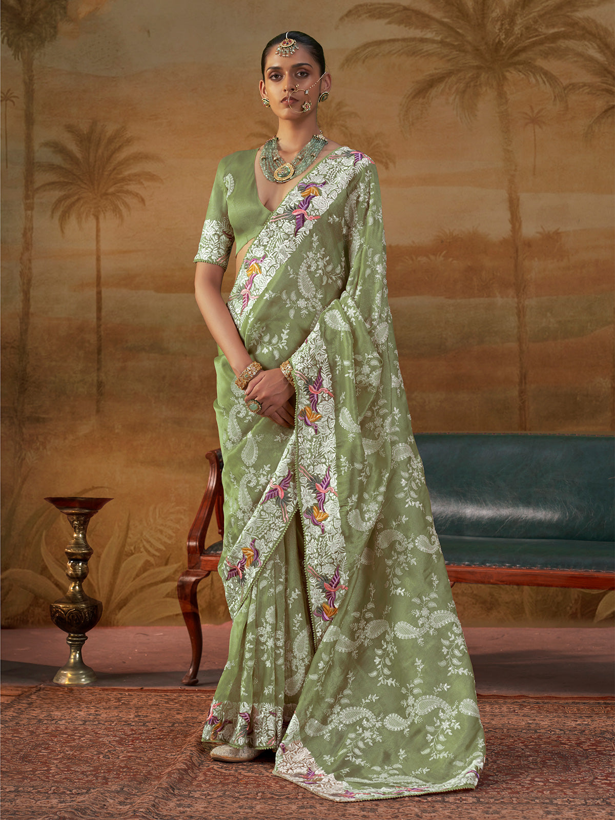 Sage green handloom silk womens floral saree