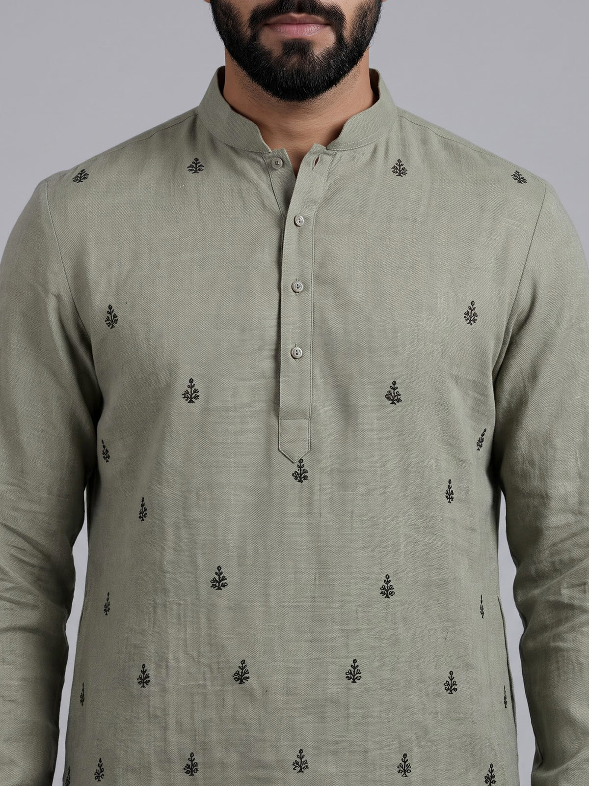 Sage green floral cotton linen mens kurta pajama