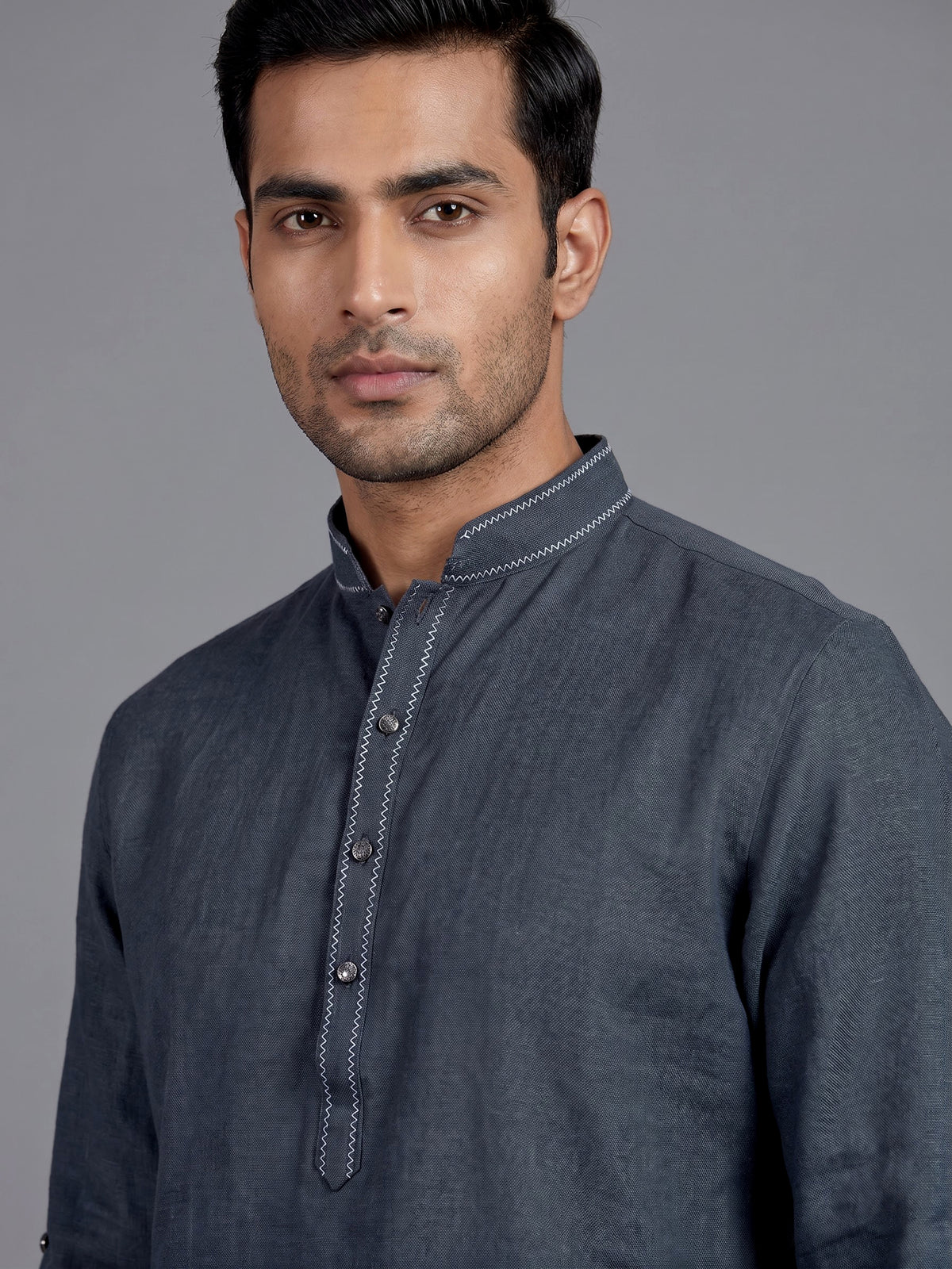 Stone blue cotton linen mens kurta pajama