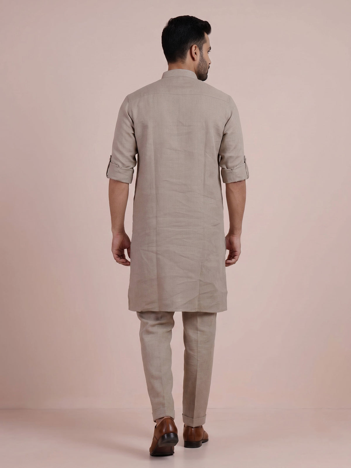 Light peach cotton linen mens kurta pajama