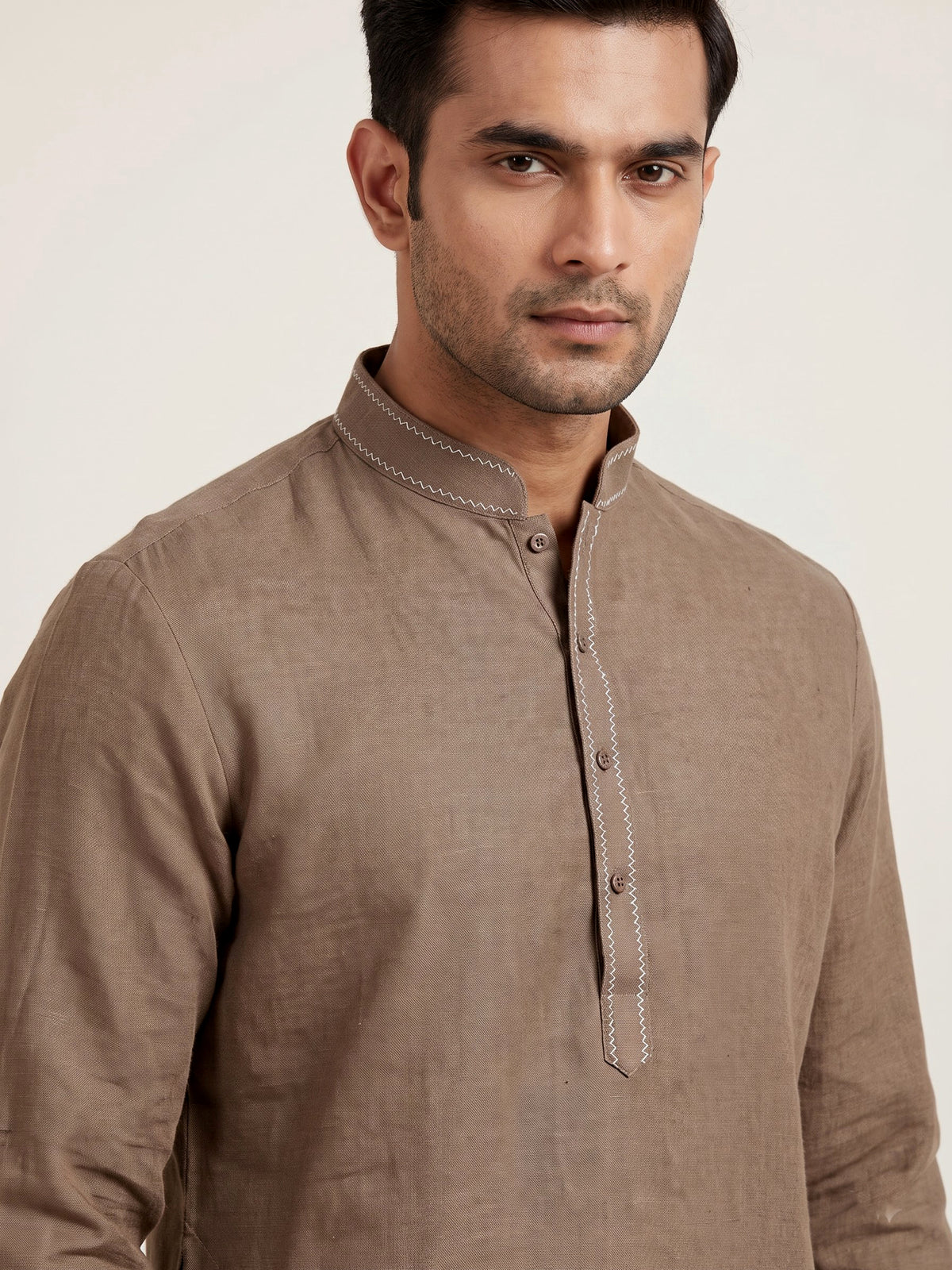 Brown cotton linen mens kurta pajama