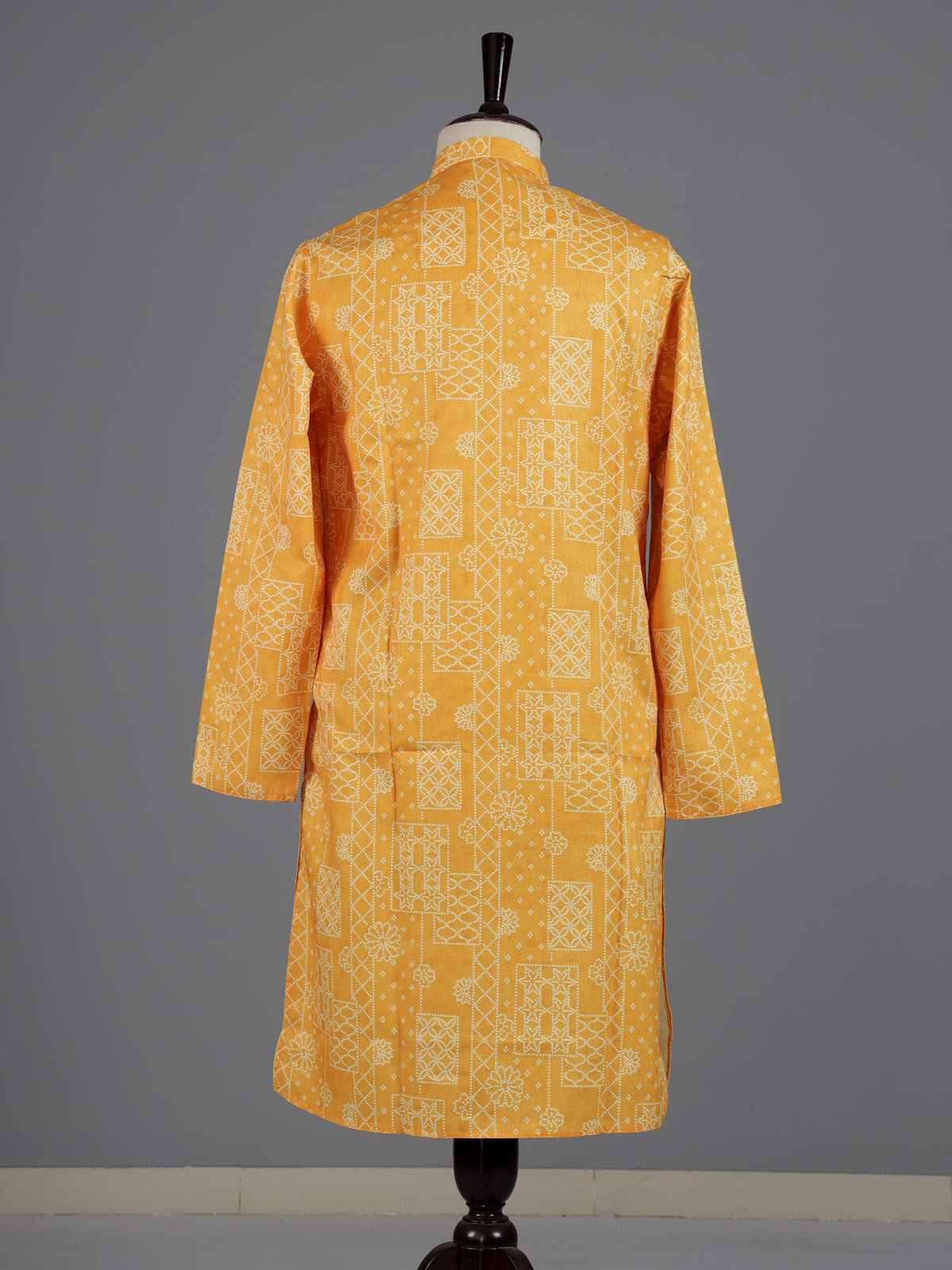 Yellow cotton silk printed mens kurta pajama