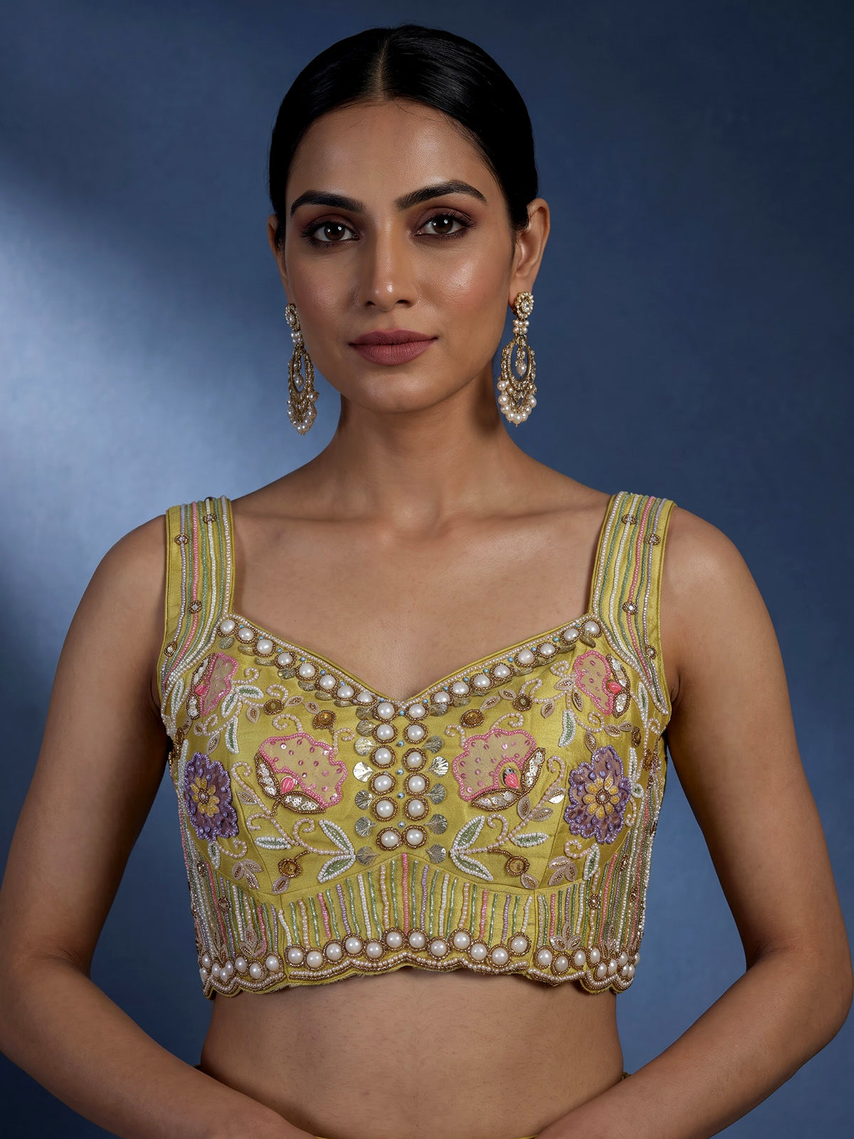 Beige floral embellished women’s raw silk lehenga choli