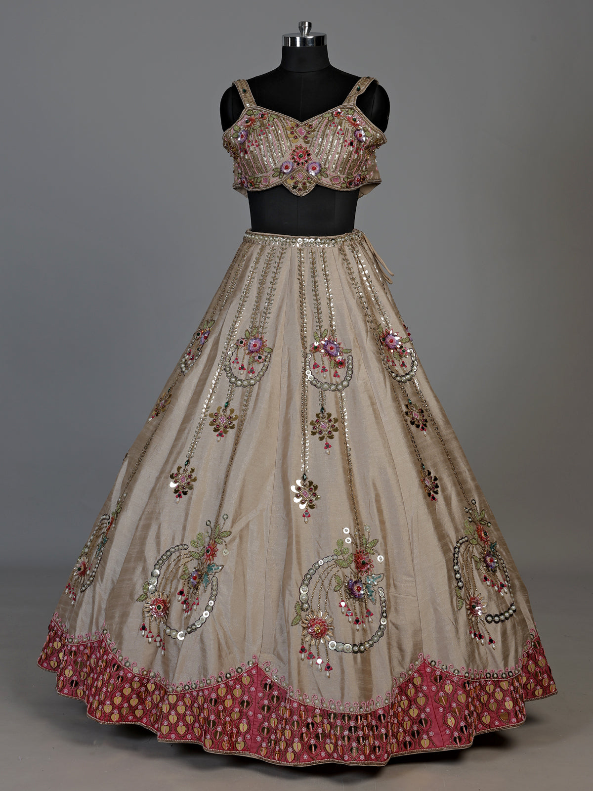 Gold zardosi embellished women’s shimmer silk lehenga choli