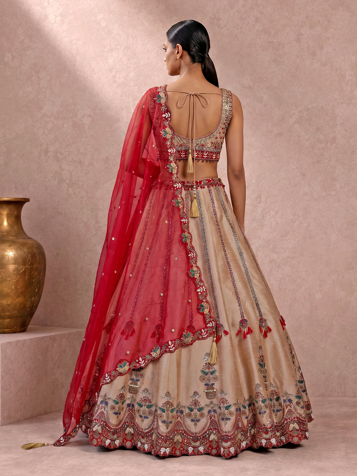 Peach mirror embellished women’s raw silk lehenga choli