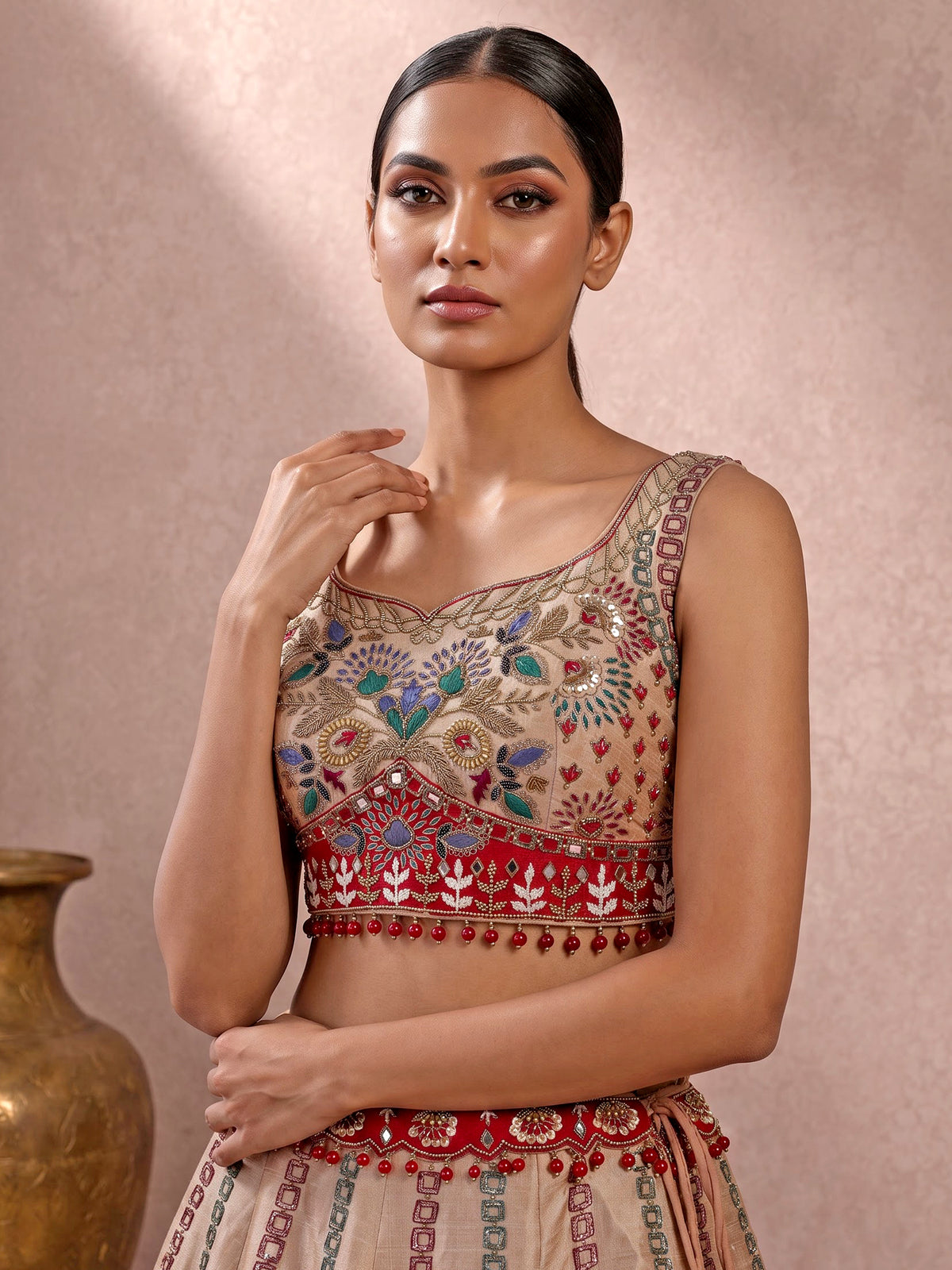 Peach mirror embellished women’s raw silk lehenga choli