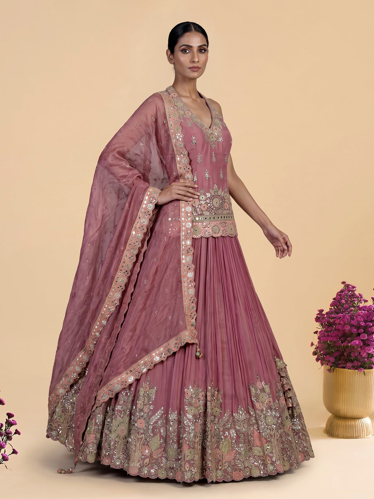 Onion pink aabla embellished women’s shimmer silk lehenga choli