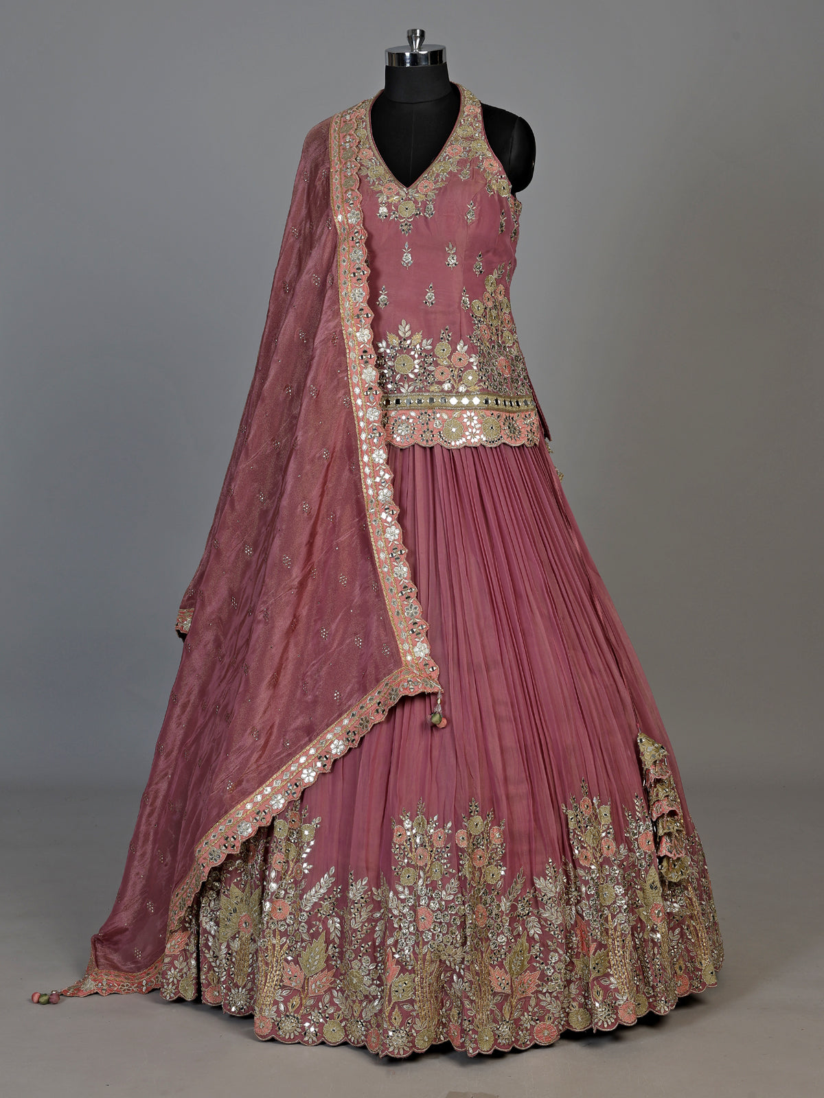Onion pink aabla embellished women’s shimmer silk lehenga choli