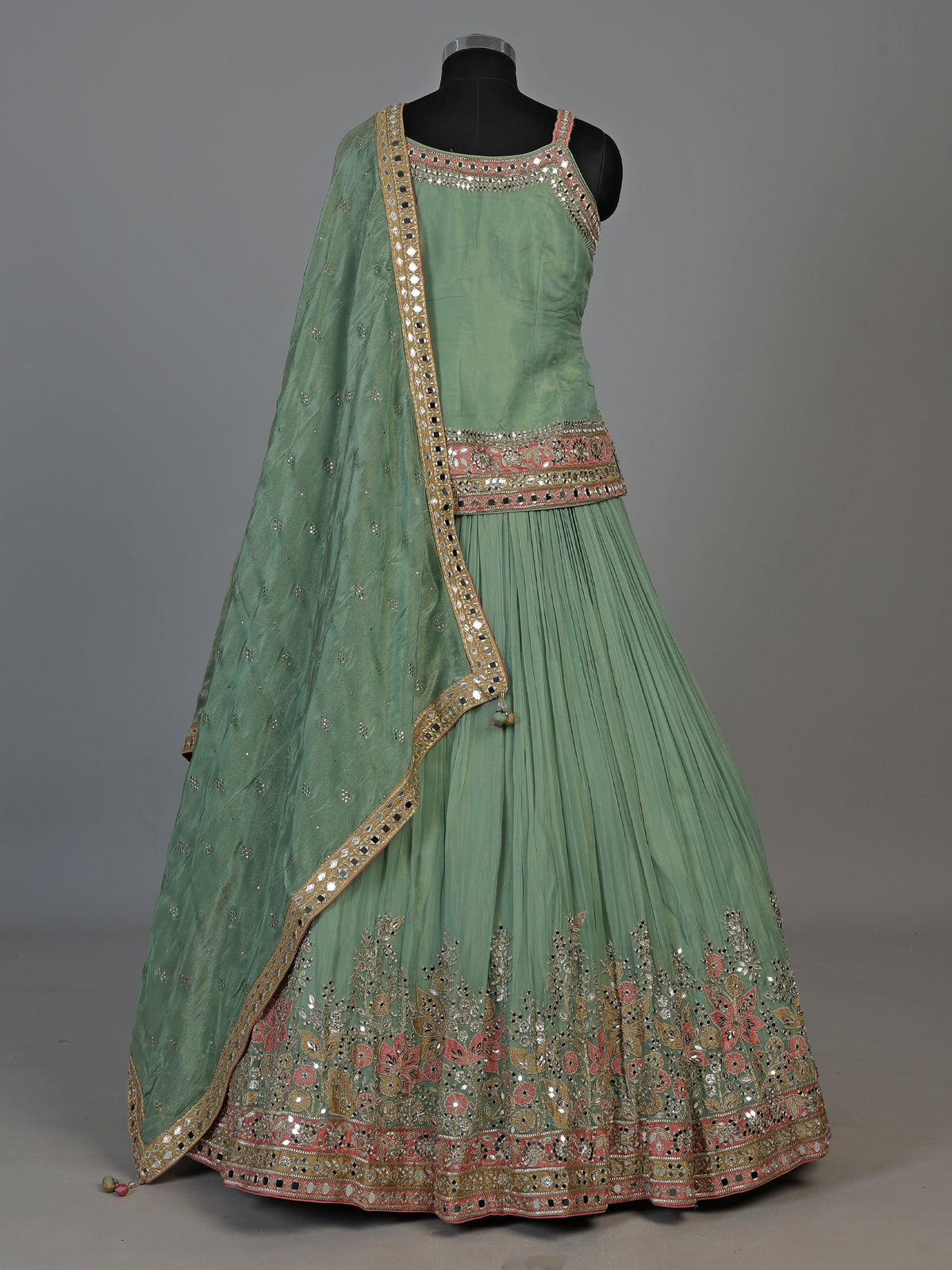 Green aabla zari embellished women’s shimmer silk lehenga choli