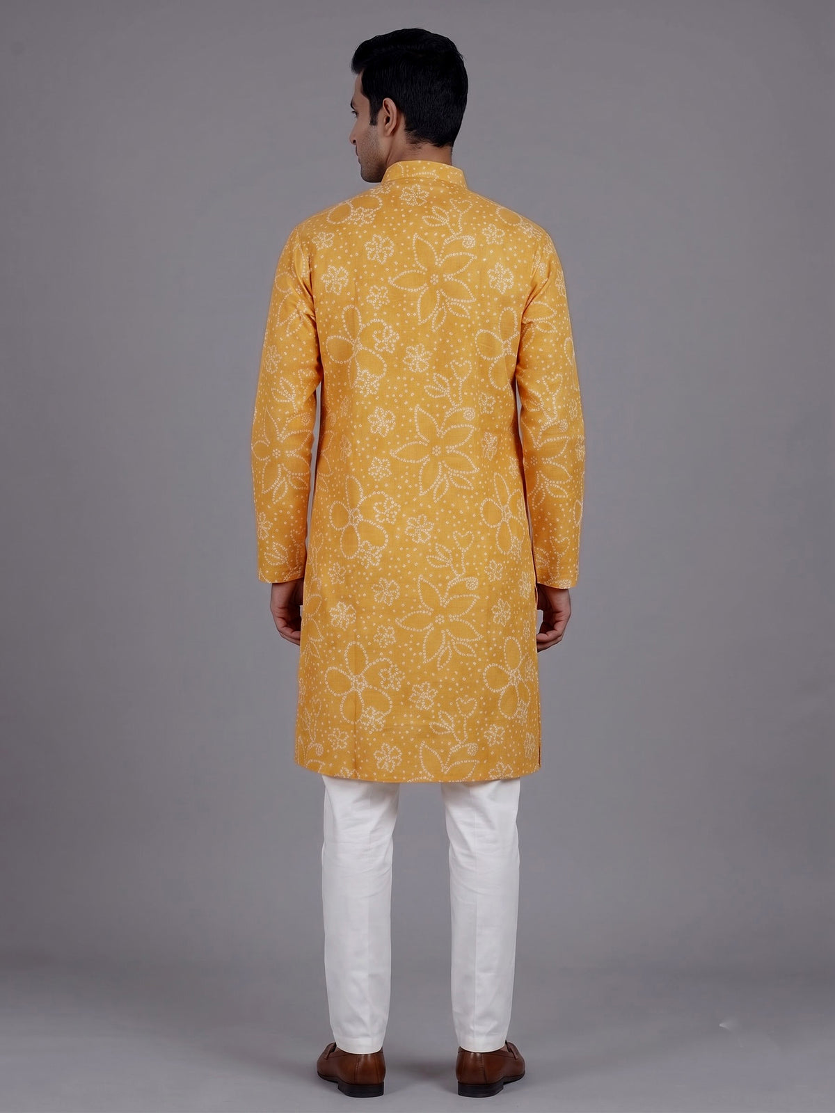Yellow cotton silk floral Bandhej mens kurta pajama