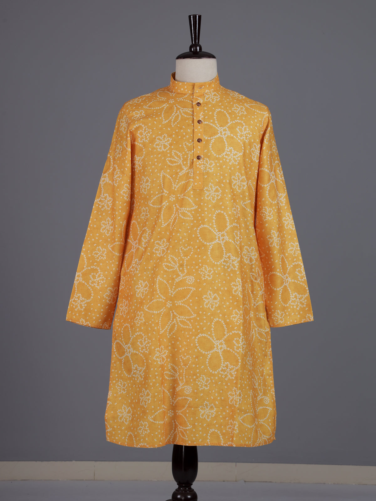 Yellow cotton silk floral Bandhej mens kurta pajama