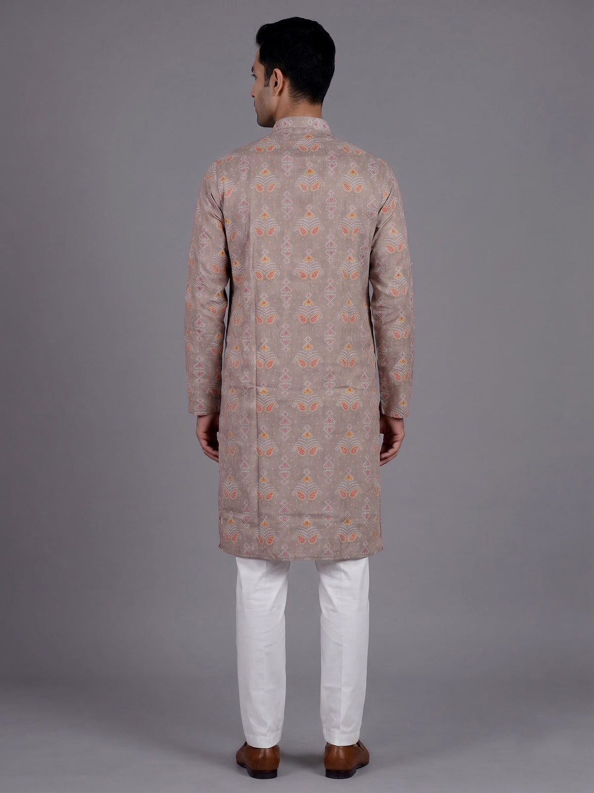 Beige cotton silk Bandhej printed mens kurta pajama
