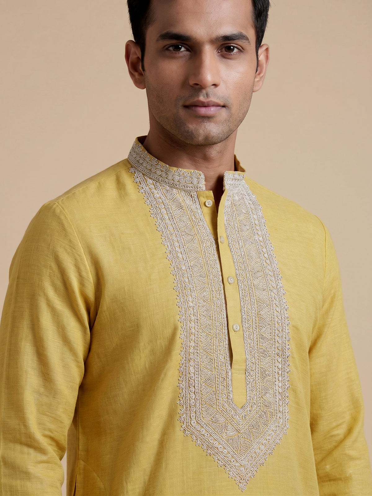 Light yellow cotton linen zardosi mens kurta pajama