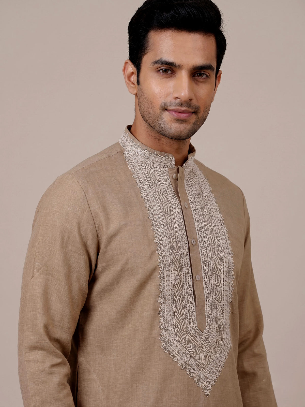 Beige cotton linen zardosi mens kurta pajama