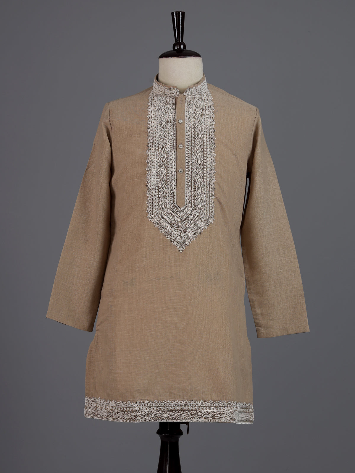 Beige cotton linen zardosi mens kurta pajama