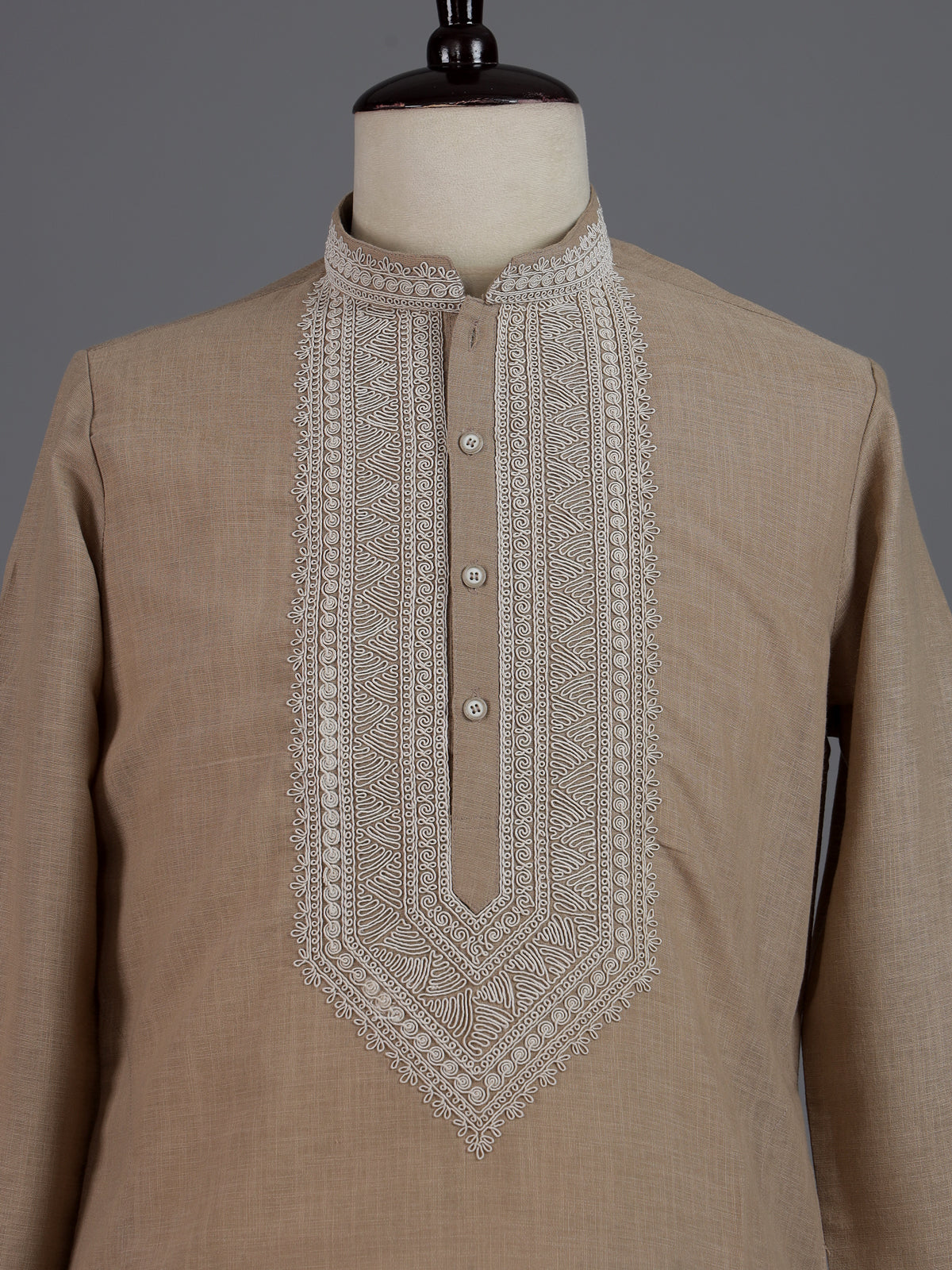 Beige cotton linen zardosi mens kurta pajama