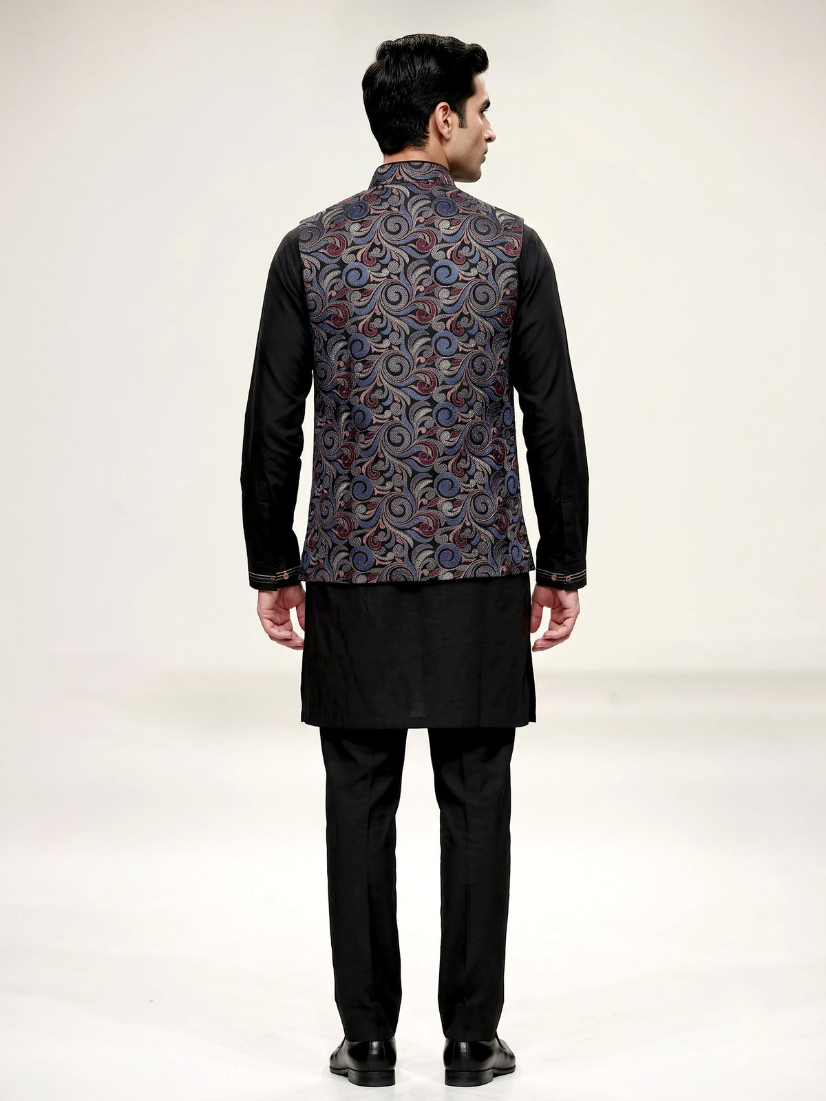 Black resham embellished viscose silk waistcoat set