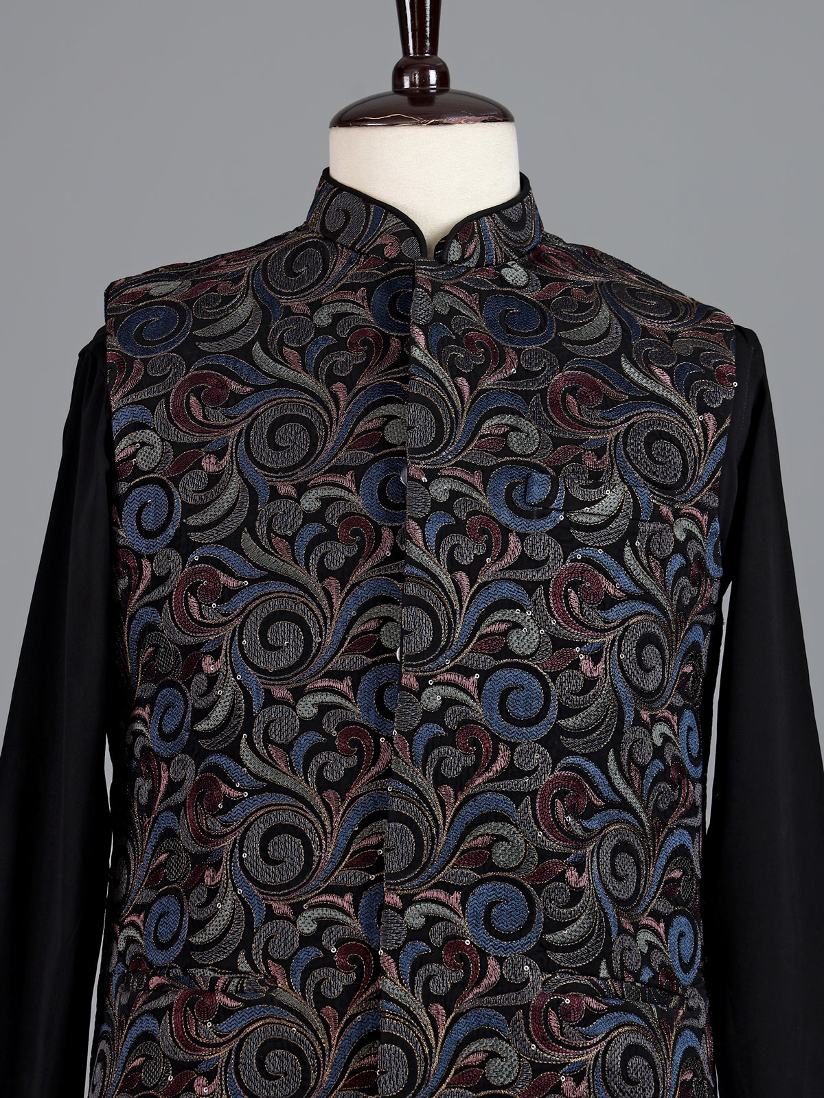 Black resham embellished viscose silk waistcoat set