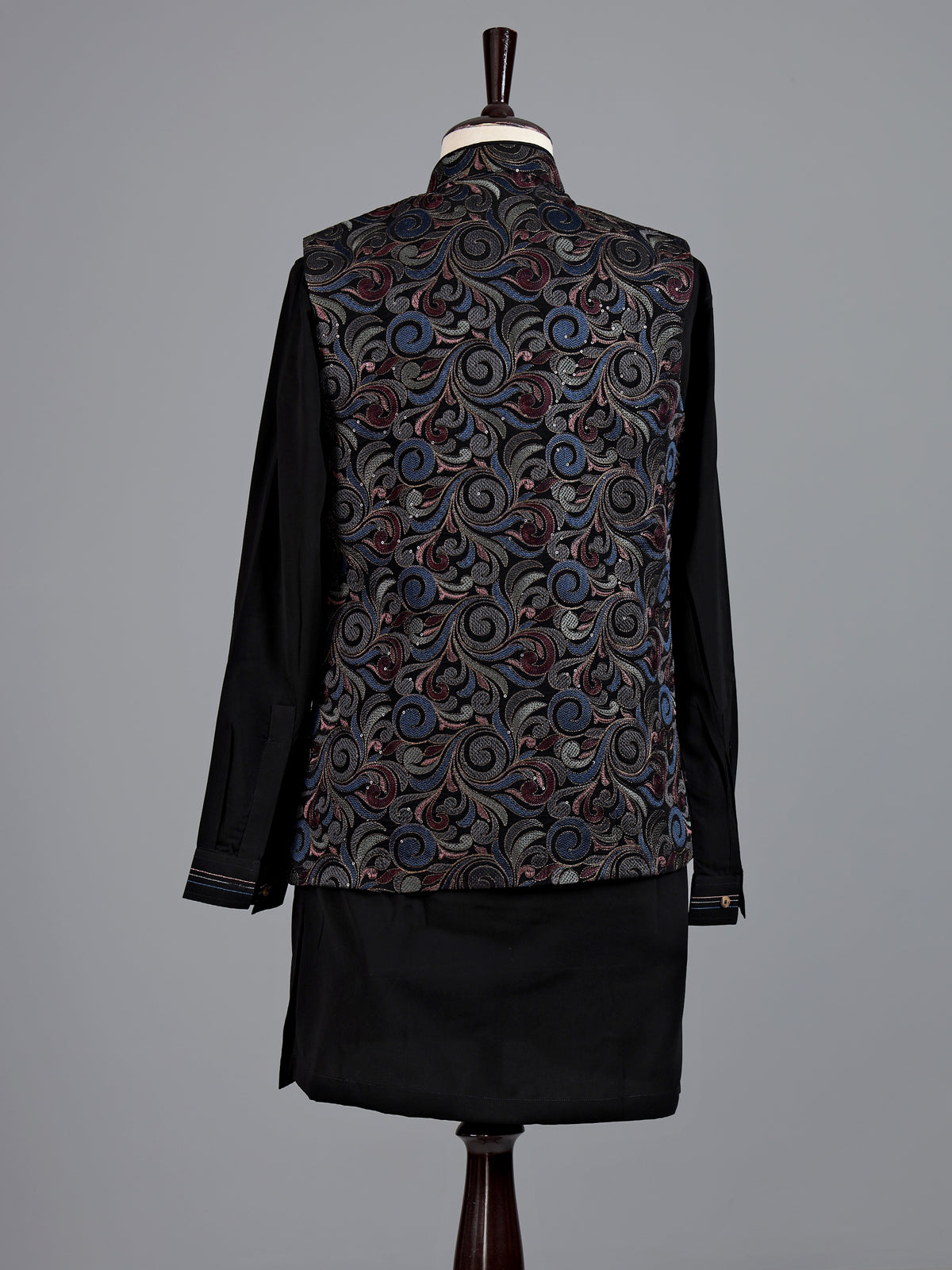 Black resham embellished viscose silk waistcoat set
