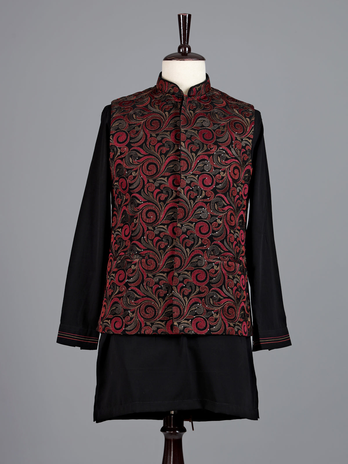 Red resham embellished viscose silk waistcoat set for men