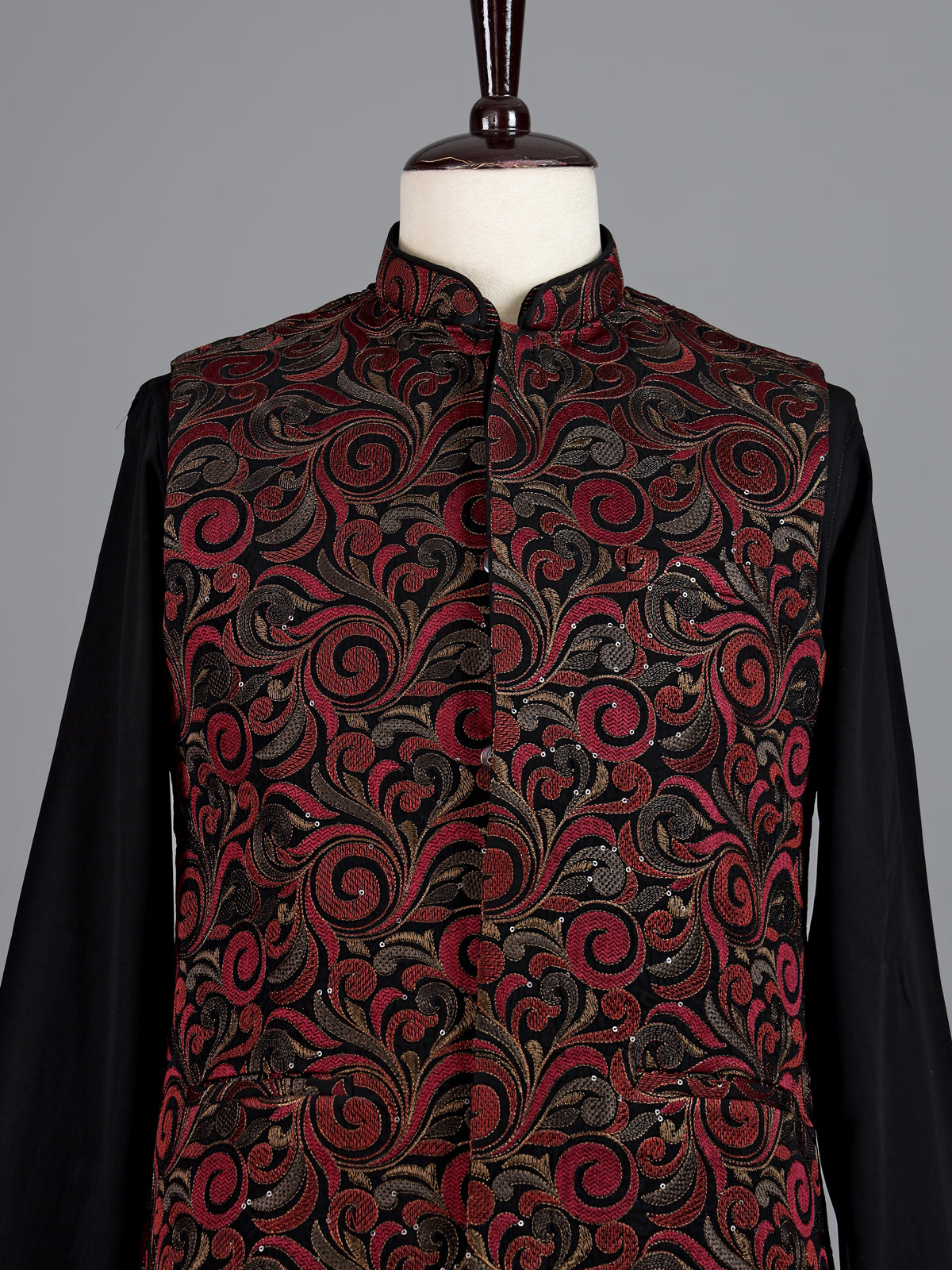 Red resham embellished viscose silk waistcoat set for men